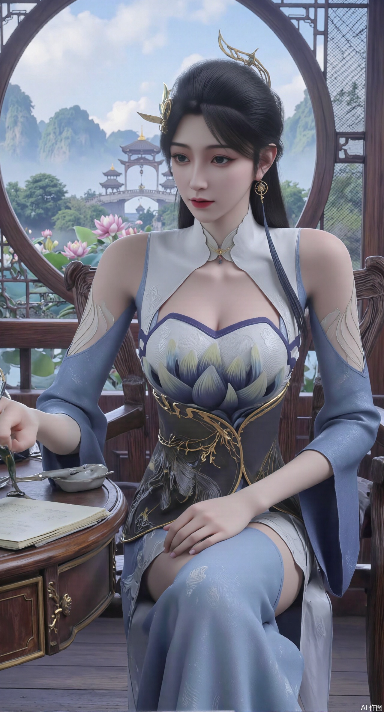  (masterpiece, best quality:1.2),1girl, solo, long dress,Ancient princess's boudoir with bright color palette,,(huge breasts:2.59),(full breasts:2.39), Hanfu-clad maiden sitting by latticed window desk in romantic daydreaming posture, classical Chinese garden through window showcasing lotus pond filled with blooming pink and white lotuses, delicate ink-wash painting style, interior featuring rosewood furniture with mother-of-pearl inlay, silk curtains fluttering in breeze, porcelain stationery set on desk, distant view of curved bridges and pavilions in garden, ultra HD rendering with crisp details on embroidered garments and translucent lotus petals,,(huge breasts:2.99),(full breasts:2.99),,XyunyunXY,Xmeining,Xjiangziyue,Xweinina,Xyunxiao,Xxiaoqingxue,Xlenhuan,Xhuajin,Xjiangbilan,XbaihehuaiX,Xyinxuehou