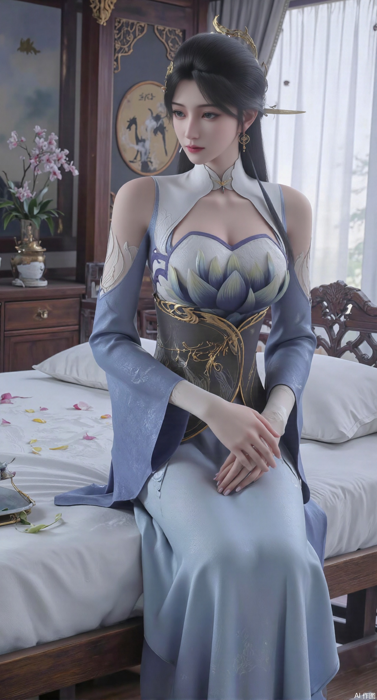 (masterpiece, best quality:1.2),Ancient Chinese boudoir scene, Hanfu dress ,sitting sideways on an intricately carved wooden bed, soft natural light filtering through sheer silk curtains, satin bedding with delicate sheen, detailed traditional Chinese Gongbi painting style, subtle celadon color palette, background featuring vintage dressing table and embroidered screen, falling plum blossom petals near window and wispy smoke from bronze incense burner, 8K resolution with intricate fabric draping and wood grain textures,,(huge breasts:2.99),(full breasts:2.99),XyunyunXY,Xmeining,Xjiangziyue,Xweinina,Xyunxiao,Xxiaoqingxue,Xlenhuan,Xhuajin,Xjiangbilan,XbaihehuaiX,Xyinxuehou