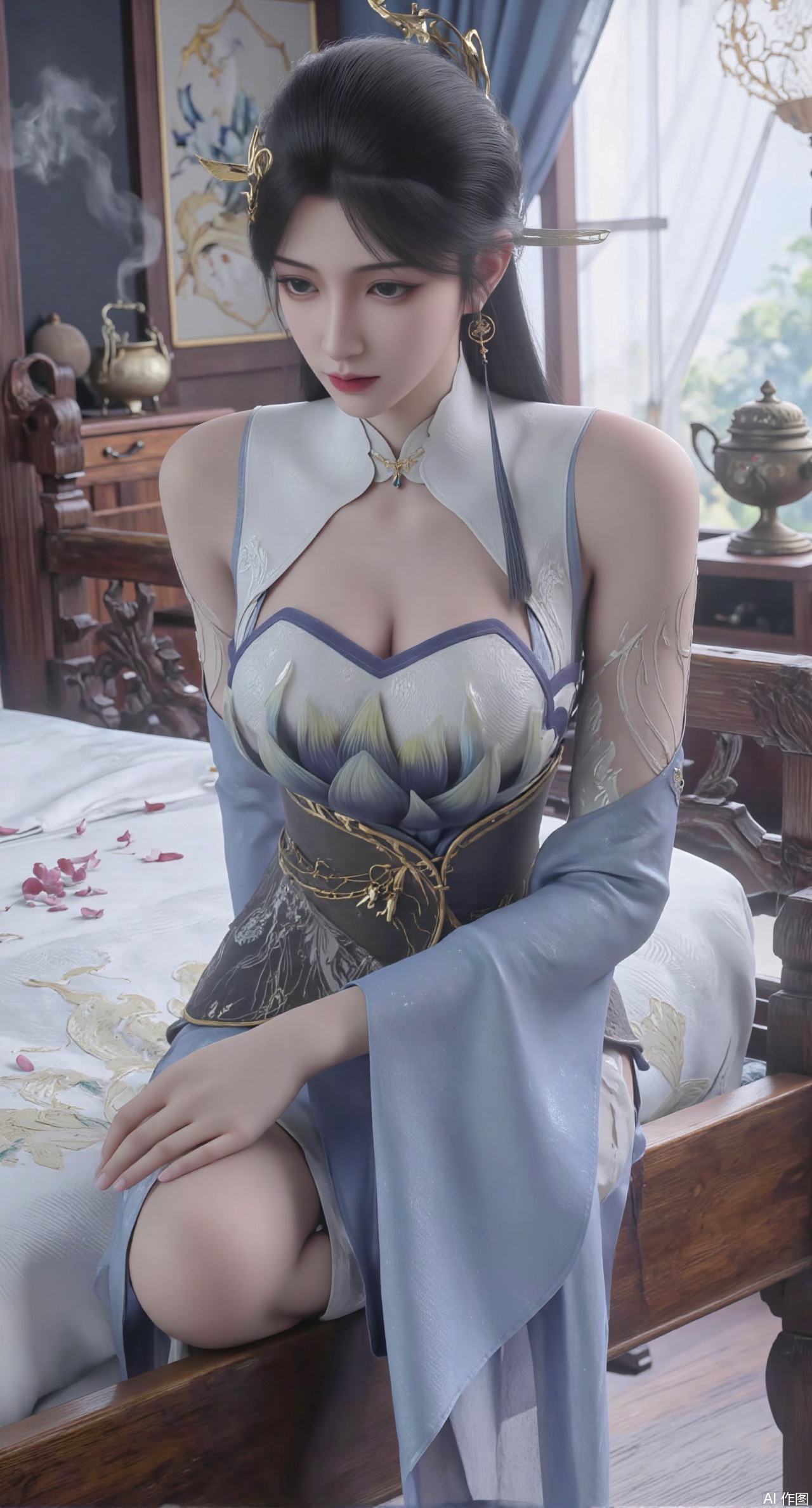 (masterpiece, best quality:1.2),Ancient Chinese boudoir scene, Hanfu dress ,sitting sideways on an intricately carved wooden bed, soft natural light filtering through sheer silk curtains, satin bedding with delicate sheen, detailed traditional Chinese Gongbi painting style, subtle celadon color palette, background featuring vintage dressing table and embroidered screen, falling plum blossom petals near window and wispy smoke from bronze incense burner, 8K resolution with intricate fabric draping and wood grain textures,,(huge breasts:2.99),(full breasts:2.99),XyunyunXY,Xmeining,Xjiangziyue,Xweinina,Xyunxiao,Xxiaoqingxue,Xlenhuan,Xhuajin,Xjiangbilan,XbaihehuaiX,Xyinxuehou