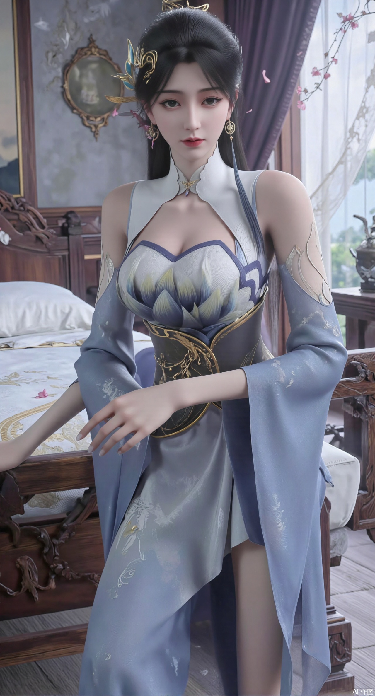 (masterpiece, best quality:1.2),Ancient Chinese boudoir scene, Hanfu dress ,sitting sideways on an intricately carved wooden bed, soft natural light filtering through sheer silk curtains, satin bedding with delicate sheen, detailed traditional Chinese Gongbi painting style, subtle celadon color palette, background featuring vintage dressing table and embroidered screen, falling plum blossom petals near window and wispy smoke from bronze incense burner, 8K resolution with intricate fabric draping and wood grain textures,,(huge breasts:2.99),(full breasts:2.99),XyunyunXY,Xmeining,Xjiangziyue,Xweinina,Xyunxiao,Xxiaoqingxue,Xlenhuan,Xhuajin,Xjiangbilan,XbaihehuaiX,Xyinxuehou