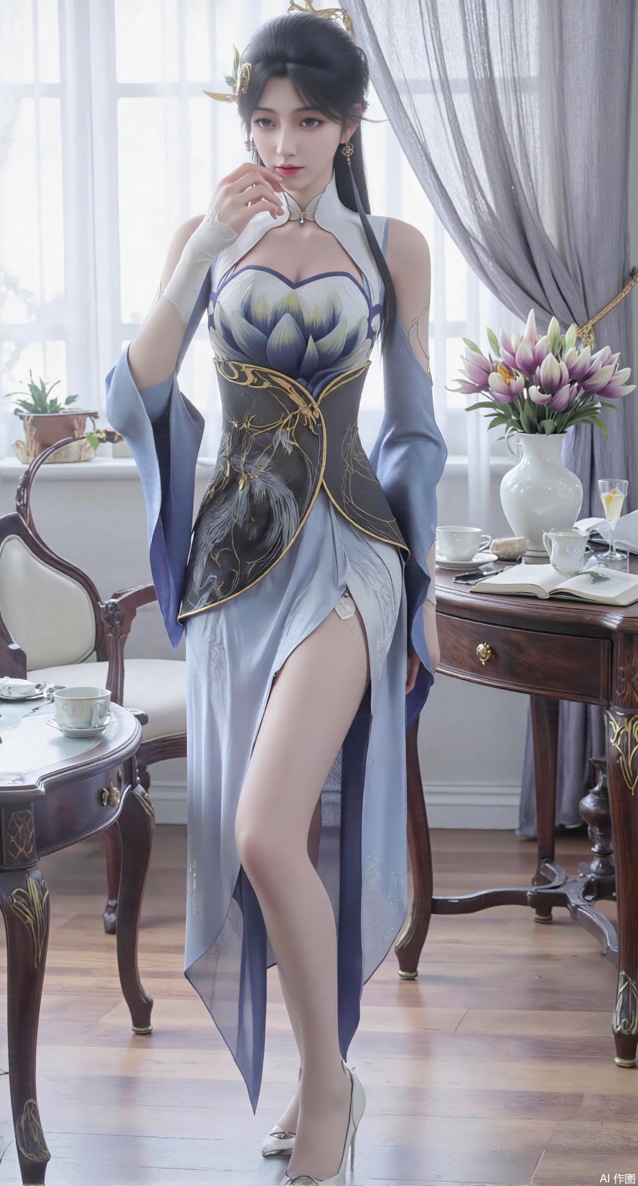 (masterpiece:1.2),Ultra clear, wallpaper, 8k, masterpiece, 1girl, solo, long hair, breasts, looking at viewer, bangs, large breasts,long dress,, bare shoulders, jewelry, black hair, standing, purple eyes, full body, flower, thighs, indoors, hair bun, long dress, high heels, cup, see-through, book, bare legs, window, table, white footwear, standing on one leg, curtains, pink flower, side slit, vase, ,(huge breasts:2.99),(full breasts:2.99),phone screen,XyunyunXY,Xmeining,Xjiangziyue,Xweinina,Xyunxiao,Xxiaoqingxue,Xlenhuan,Xhuajin,Xjiangbilan,XbaihehuaiX,Xyinxuehou