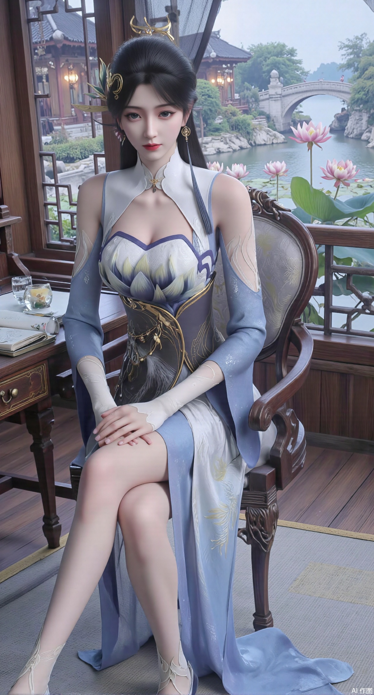  (masterpiece, best quality:1.2),1girl, solo, long dress,Ancient princess's boudoir with bright color palette,,(huge breasts:2.59),(full breasts:2.39), Hanfu-clad maiden sitting by latticed window desk in romantic daydreaming posture, classical Chinese garden through window showcasing lotus pond filled with blooming pink and white lotuses, delicate ink-wash painting style, interior featuring rosewood furniture with mother-of-pearl inlay, silk curtains fluttering in breeze, porcelain stationery set on desk, distant view of curved bridges and pavilions in garden, ultra HD rendering with crisp details on embroidered garments and translucent lotus petals,,(huge breasts:2.99),(full breasts:2.99),,XyunyunXY,Xmeining,Xjiangziyue,Xweinina,Xyunxiao,Xxiaoqingxue,Xlenhuan,Xhuajin,Xjiangbilan,XbaihehuaiX,Xyinxuehou