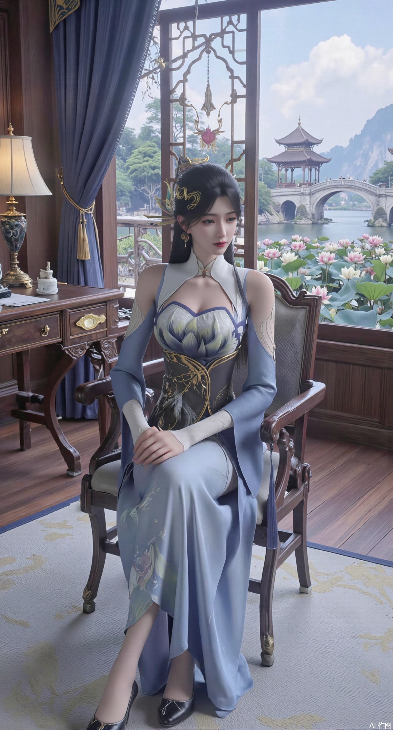  (masterpiece, best quality:1.2),1girl, solo, long dress,Ancient princess's boudoir with bright color palette,,(huge breasts:2.59),(full breasts:2.39), Hanfu-clad maiden sitting by latticed window desk in romantic daydreaming posture, classical Chinese garden through window showcasing lotus pond filled with blooming pink and white lotuses, delicate ink-wash painting style, interior featuring rosewood furniture with mother-of-pearl inlay, silk curtains fluttering in breeze, porcelain stationery set on desk, distant view of curved bridges and pavilions in garden, ultra HD rendering with crisp details on embroidered garments and translucent lotus petals,,(huge breasts:2.99),(full breasts:2.99),,XyunyunXY,Xmeining,Xjiangziyue,Xweinina,Xyunxiao,Xxiaoqingxue,Xlenhuan,Xhuajin,Xjiangbilan,XbaihehuaiX,Xyinxuehou