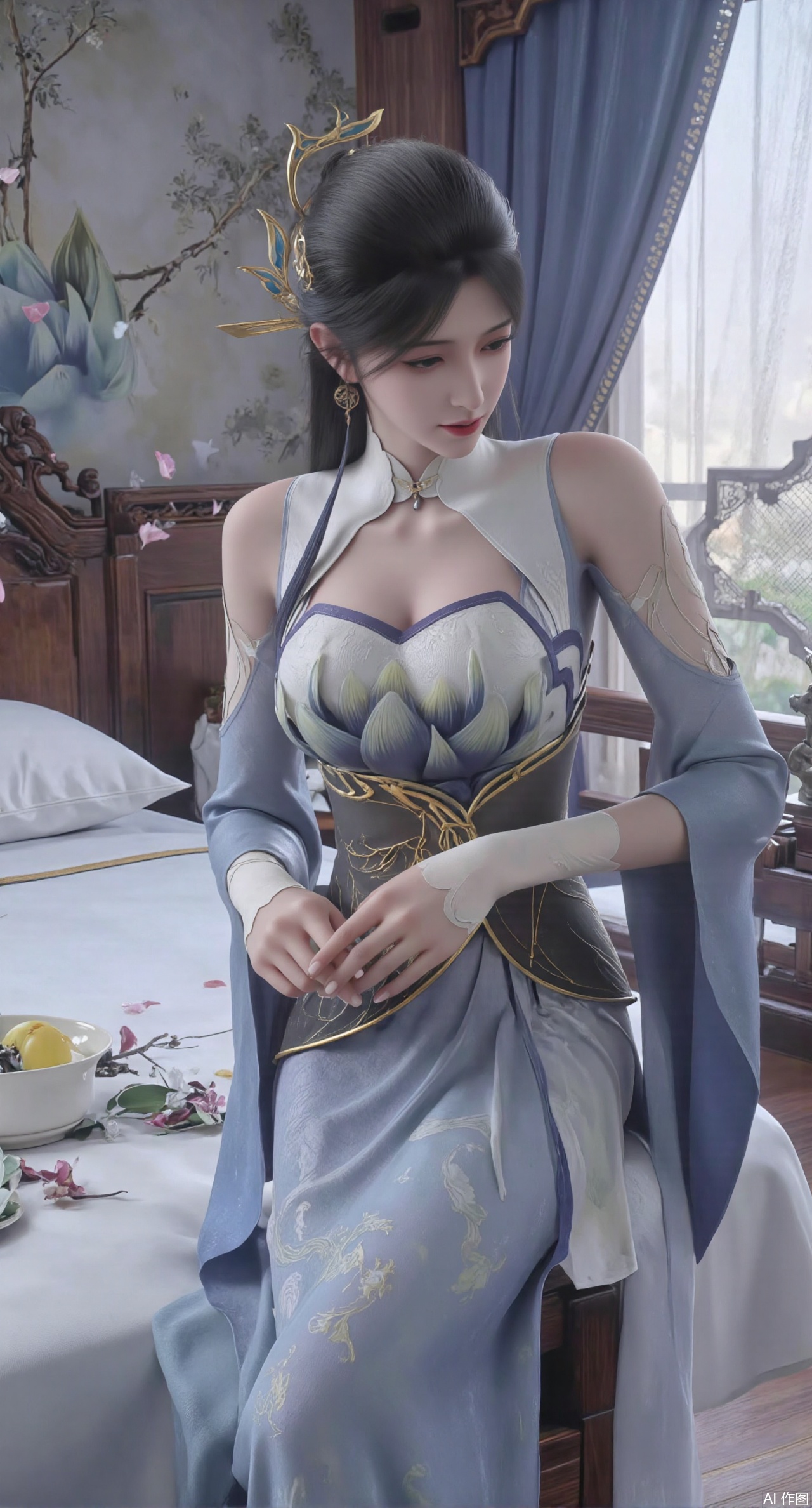 (masterpiece, best quality:1.2),Ancient Chinese boudoir scene, Hanfu dress ,sitting sideways on an intricately carved wooden bed, soft natural light filtering through sheer silk curtains, satin bedding with delicate sheen, detailed traditional Chinese Gongbi painting style, subtle celadon color palette, background featuring vintage dressing table and embroidered screen, falling plum blossom petals near window and wispy smoke from bronze incense burner, 8K resolution with intricate fabric draping and wood grain textures,,(huge breasts:2.99),(full breasts:2.99),XyunyunXY,Xmeining,Xjiangziyue,Xweinina,Xyunxiao,Xxiaoqingxue,Xlenhuan,Xhuajin,Xjiangbilan,XbaihehuaiX,Xyinxuehou