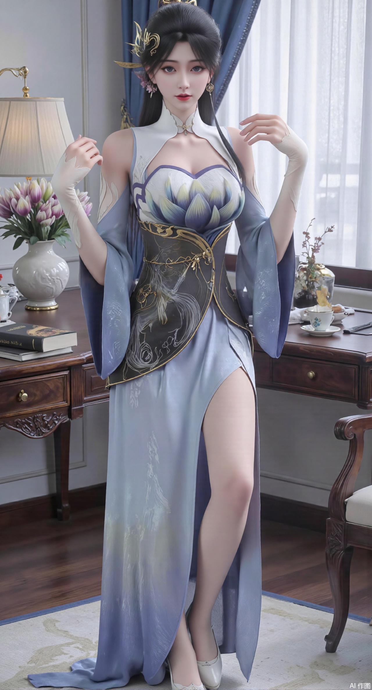 (masterpiece:1.2),Ultra clear, wallpaper, 8k, masterpiece, 1girl, solo, long hair, breasts, looking at viewer, bangs, large breasts,long dress,, bare shoulders, jewelry, black hair, standing, purple eyes, full body, flower, thighs, indoors, hair bun, long dress, high heels, cup, see-through, book, bare legs, window, table, white footwear, standing on one leg, curtains, pink flower, side slit, vase, ,(huge breasts:2.99),(full breasts:2.99),phone screen,XyunyunXY,Xmeining,Xjiangziyue,Xweinina,Xyunxiao,Xxiaoqingxue,Xlenhuan,Xhuajin,Xjiangbilan,XbaihehuaiX,Xyinxuehou