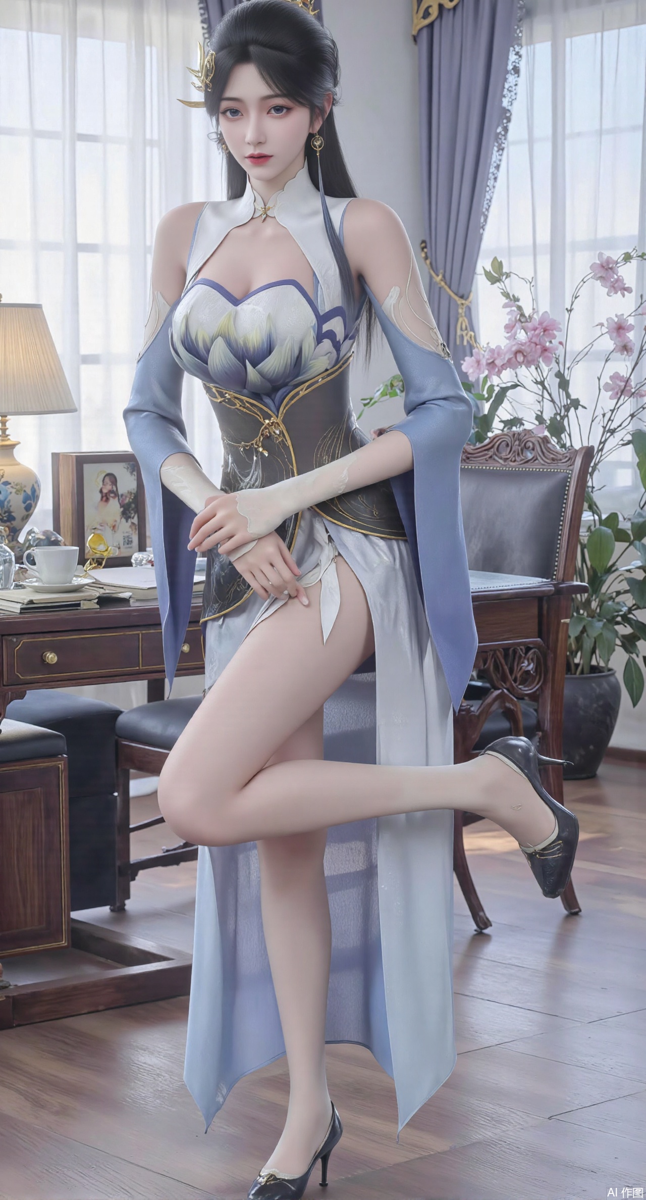 (masterpiece:1.2),Ultra clear, wallpaper, 8k, masterpiece, 1girl, solo, long hair, breasts, looking at viewer, bangs, large breasts,long dress,, bare shoulders, jewelry, black hair, standing, purple eyes, full body, flower, thighs, indoors, hair bun, long dress, high heels, cup, see-through, book, bare legs, window, table, white footwear, standing on one leg, curtains, pink flower, side slit, vase, ,(huge breasts:2.99),(full breasts:2.99),phone screen,XyunyunXY,Xmeining,Xjiangziyue,Xweinina,Xyunxiao,Xxiaoqingxue,Xlenhuan,Xhuajin,Xjiangbilan,XbaihehuaiX,Xyinxuehou