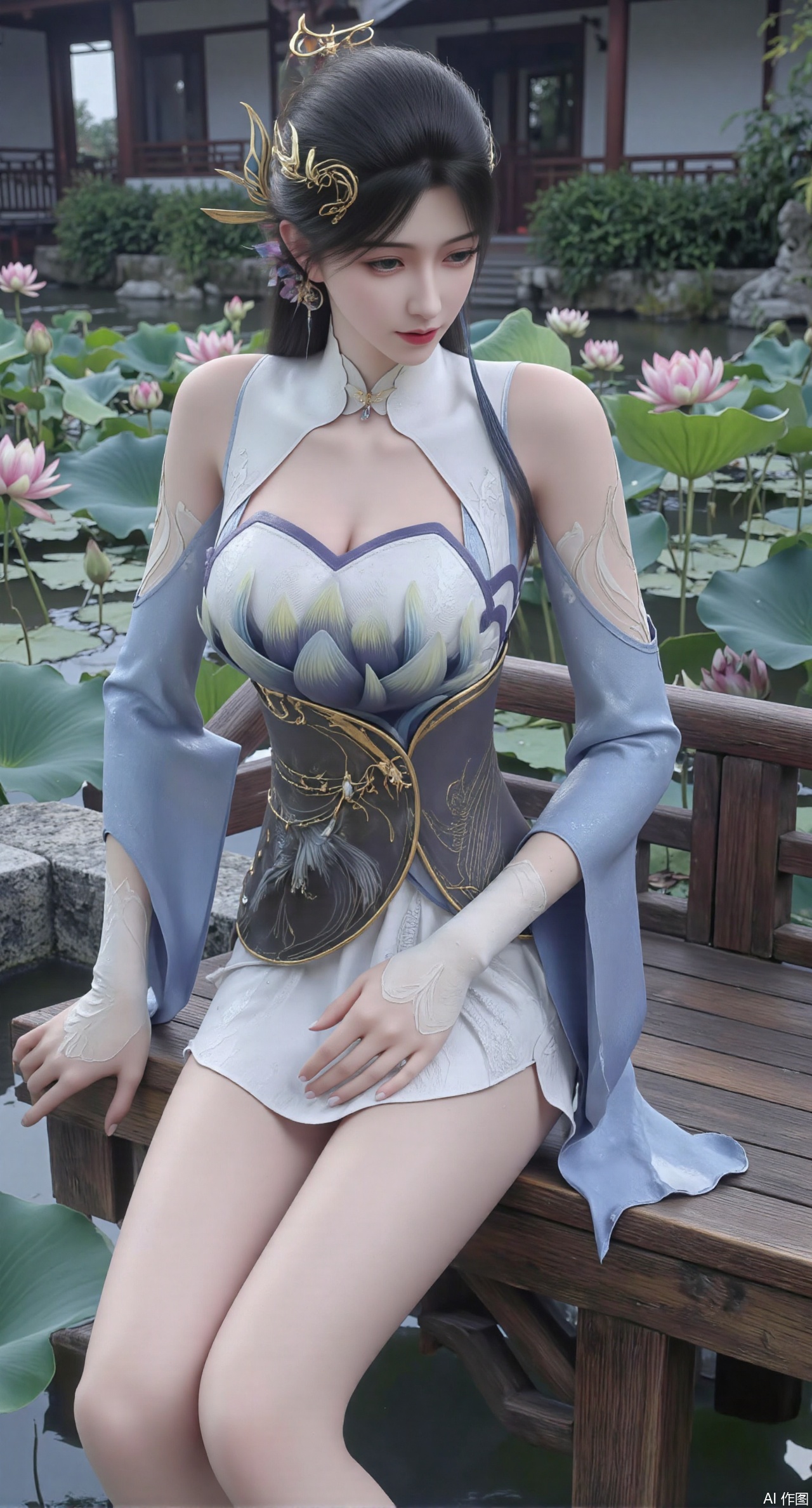 (masterpiece:1.2),best quality,a young woman sitting on a wooden bench in a pond with lily pads.The woman is posing with one hand on her hip and the other resting on the edge of the bench. The background is filled with pink and white lotus flowers and green leaves. The overall mood of the image is peaceful and serene,(huge breasts:2.99),(full breasts:2.99),(Background with traditional Chinese architecture, lotus pond and pink lotus flowers:1.39),XyunyunXY,Xmeining,Xjiangziyue,Xweinina,Xyunxiao,Xxiaoqingxue,Xlenhuan,Xhuajin,Xjiangbilan,XbaihehuaiX,Xyinxuehou