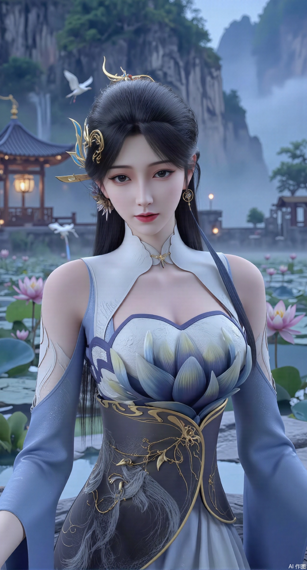 (masterpiece:1.2),best quality,1girl,solo,long hair,long dress,celestial maiden in flowing tulle gown levitates above lotus pond, ethereal mist trails from hair ribbons, mythical Penglai paradise emerges through clouds with glowing pavilions, translucent bioluminescent lotus blooms, flock of cranes gliding over water surface, ultra HD with soft 3D rendering, morning light filters through mist, falling petal rain, intricate details on scale-patterned fabric and lotus veins.(huge breasts:2.99),(full breasts:2.99),,Xanmiaoyi,Xyunwangshu,XlishaoyinY,Xbaixue,XanmiaoyiY,Xxiuqiuhua,XbaiyuerongY,XyunyunX,XqingnvzongZM,Xjuzi,Xshangguanweier,XanmiaoyiXY,XyunyunXY,Xjiangziyue,Xmeining,Xweinina,Xlenhuan,Xbabata,Xhuajin,Xjiangbilan,XbaihehuaiX