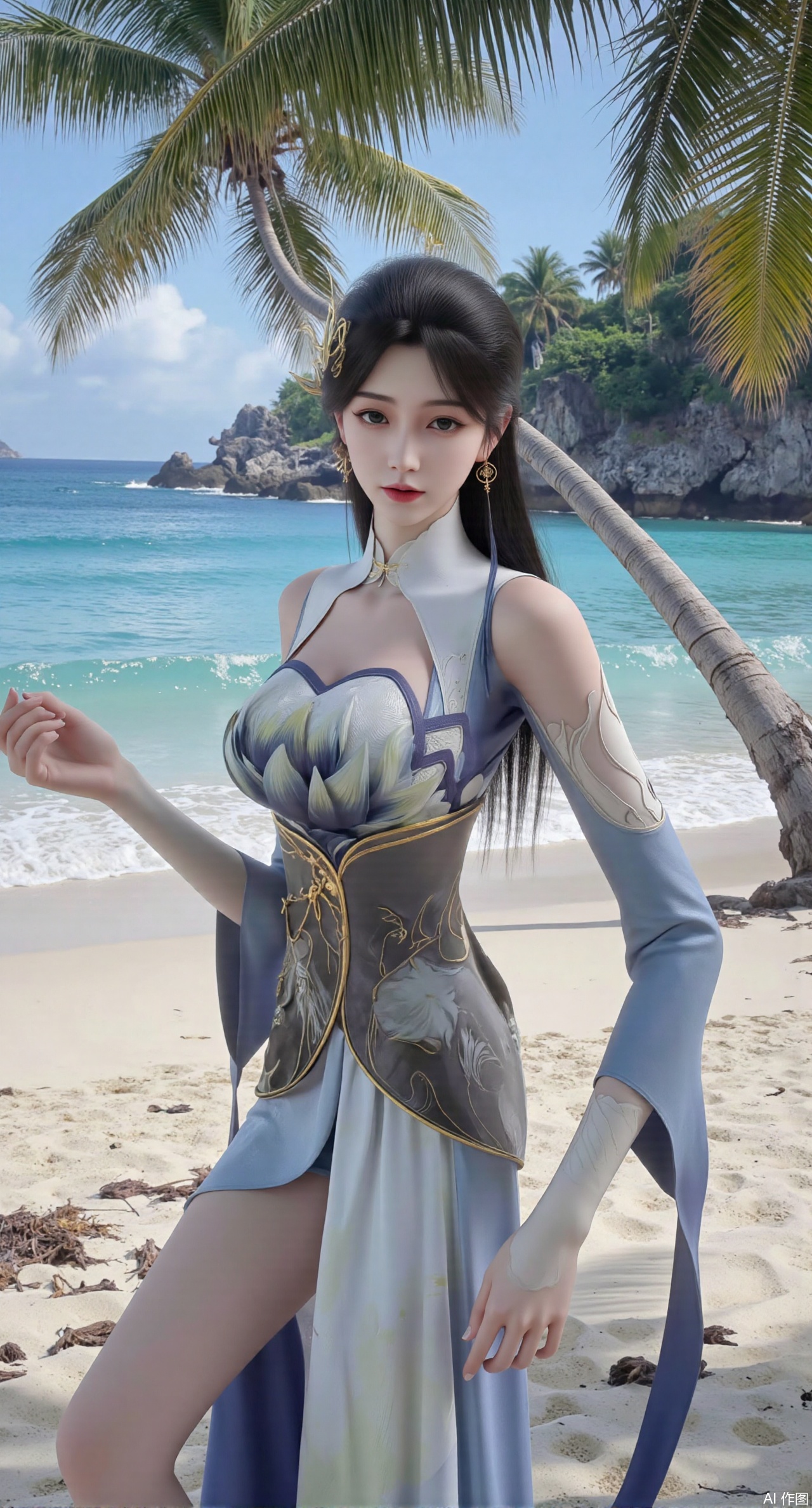 (masterpiece:1.2),best quality,absurdres,masterpiece,original,extremely detailed wallpaper,perfect lighting,Golden sandy beach covered with vibrant flowers, turquoise waves gently lapping the shore, , bright flower clusters spreading from sand to palm tree roots, soft natural light filtering through coconut leaves, ocean breeze lifting hair and qipao hem, high-resolution details showcasing petal textures and silk fabric sheen, ultra-wide angle lens capturing coastline panorama, cinematic color grading with soft focus on the central figure,(huge breasts:2.99),(full breasts:2.99),,,Xanmiaoyi,Xyunwangshu,XlishaoyinY,Xbaixue,XanmiaoyiY,Xxiuqiuhua,XbaiyuerongY,XyunyunX,XqingnvzongZM,Xjuzi,Xshangguanweier,XanmiaoyiXY,XyunyunXY,Xjiangziyue,Xmeining,Xweinina,Xlenhuan,Xbabata,Xhuajin,Xjiangbilan,XbaihehuaiX