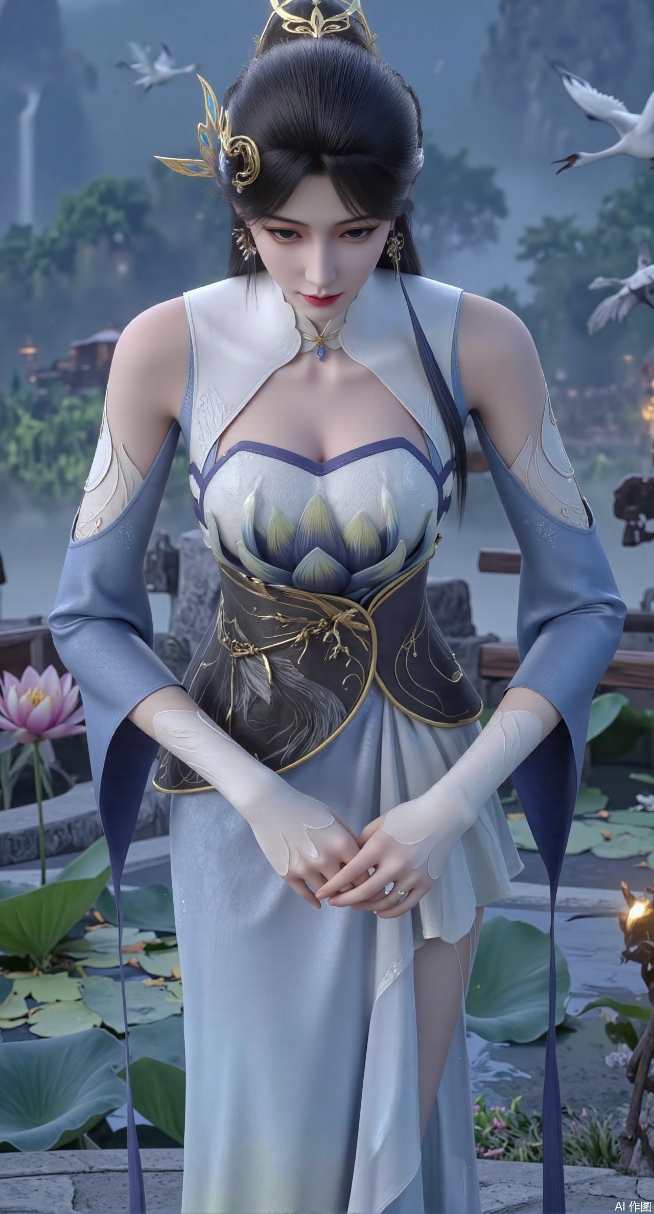 (masterpiece:1.2),best quality,1girl,solo,long hair,long dress,celestial maiden in flowing tulle gown levitates above lotus pond, ethereal mist trails from hair ribbons, mythical Penglai paradise emerges through clouds with glowing pavilions, translucent bioluminescent lotus blooms, flock of cranes gliding over water surface, ultra HD with soft 3D rendering, morning light filters through mist, falling petal rain, intricate details on scale-patterned fabric and lotus veins.(huge breasts:2.99),(full breasts:2.99),,Xanmiaoyi,Xyunwangshu,XlishaoyinY,Xbaixue,XanmiaoyiY,Xxiuqiuhua,XbaiyuerongY,XyunyunX,XqingnvzongZM,Xjuzi,Xshangguanweier,XanmiaoyiXY,XyunyunXY,Xjiangziyue,Xmeining,Xweinina,Xlenhuan,Xbabata,Xhuajin,Xjiangbilan,XbaihehuaiX