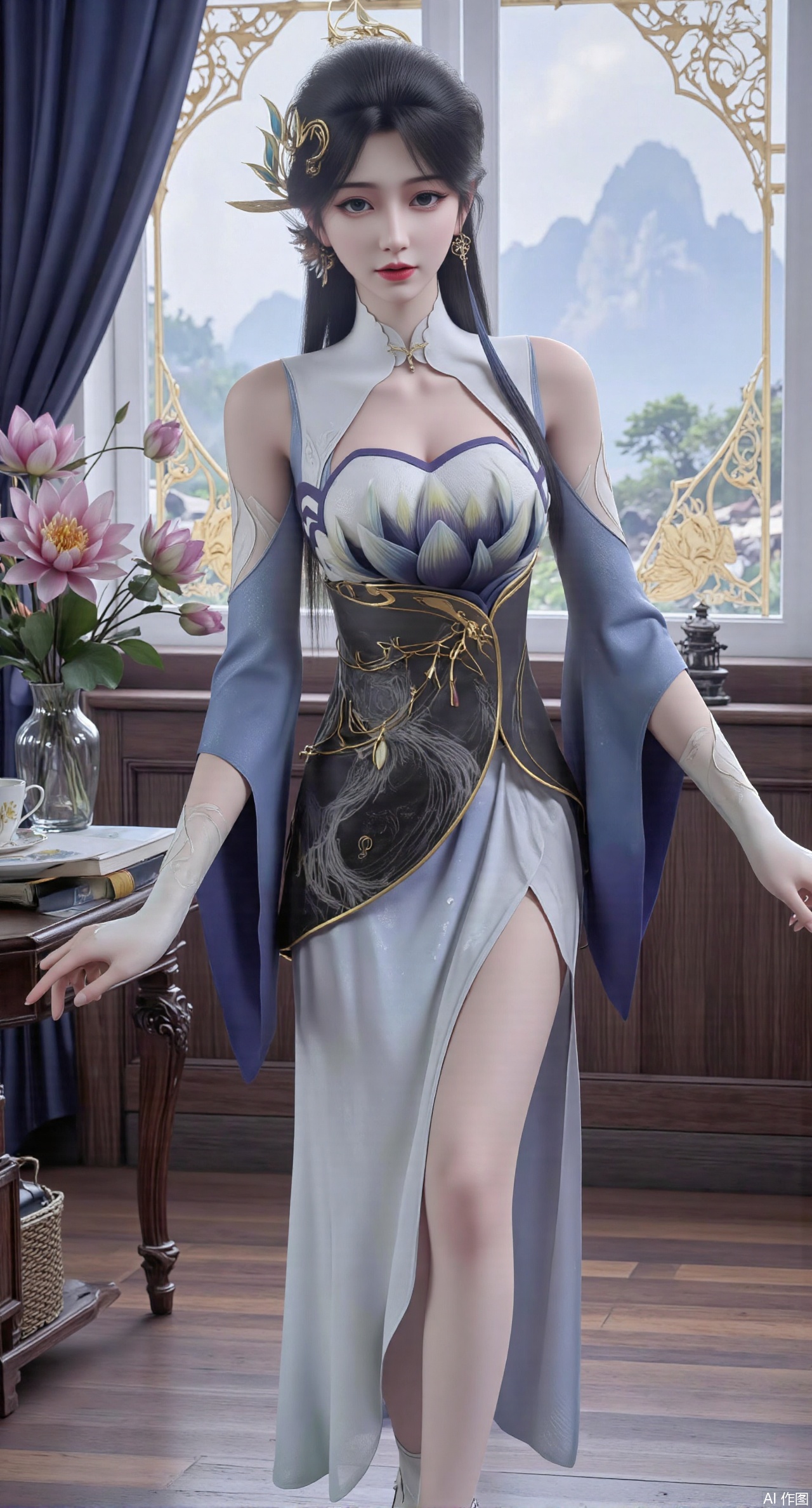  (masterpiece:1.2),best quality,Ultra clear, wallpaper, 8k, masterpiece, 1girl, solo, long hair, breasts, looking at viewer, bangs, large breasts,long dress,, bare shoulders, jewelry, black hair, standing, purple eyes, full body, flower, thighs, indoors, hair bun, long dress, high heels, cup, see-through, book, bare legs, window, table, white footwear, standing on one leg, curtains, pink flower, side slit, vase, ,(huge breasts:2.99),(full breasts:2.99),(pink lotus flowers:1.39),,Xanmiaoyi,Xyunwangshu,XlishaoyinY,Xbaixue,XanmiaoyiY,Xxiuqiuhua,XbaiyuerongY,XyunyunX,XqingnvzongZM,Xjuzi,Xshangguanweier,XanmiaoyiXY,XyunyunXY,Xjiangziyue,Xmeining,Xweinina,Xlenhuan,Xbabata,Xhuajin,Xjiangbilan,XbaihehuaiX