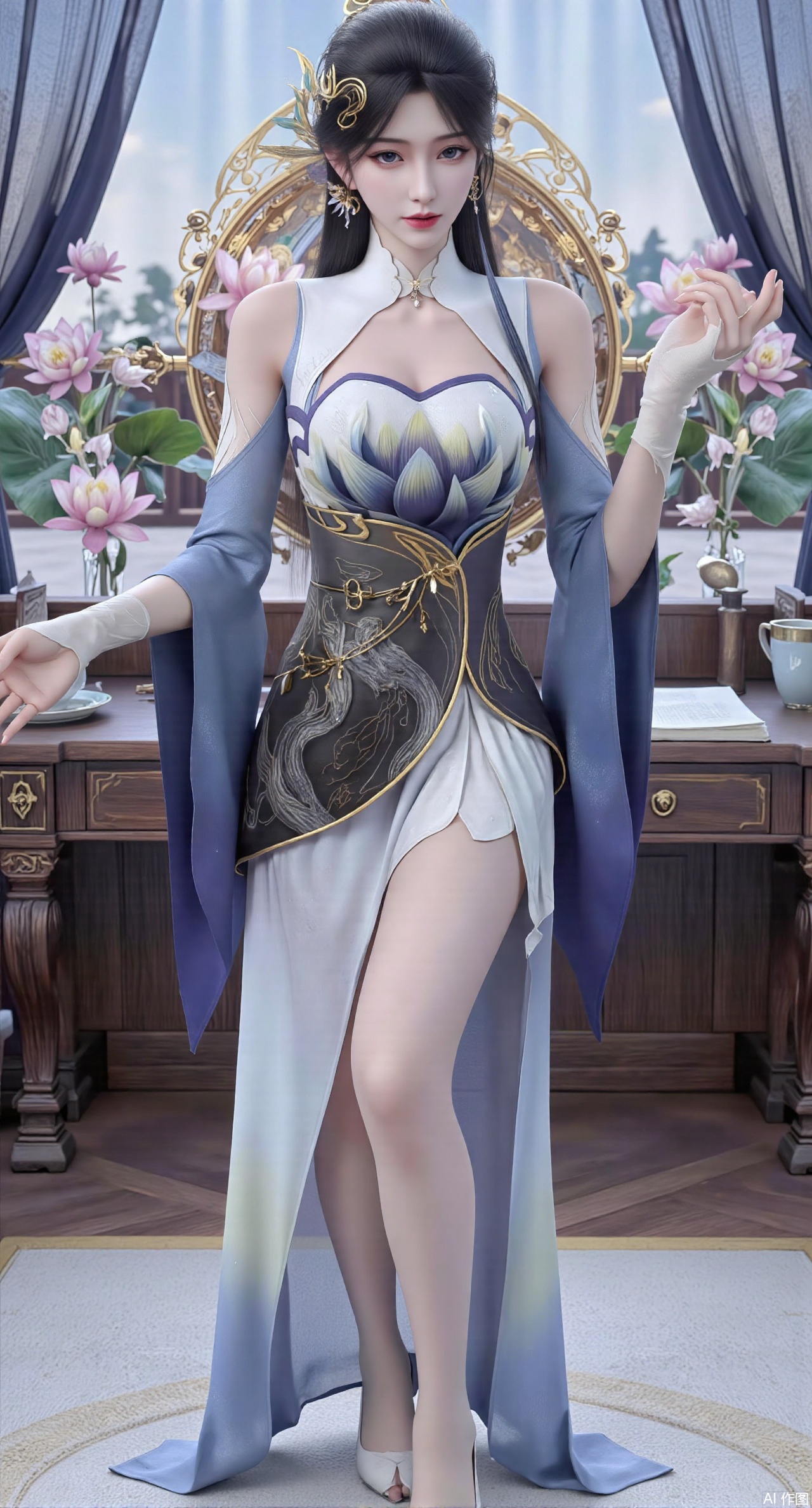  (masterpiece:1.2),best quality,Ultra clear, wallpaper, 8k, masterpiece, 1girl, solo, long hair, breasts, looking at viewer, bangs, large breasts,long dress,, bare shoulders, jewelry, black hair, standing, purple eyes, full body, flower, thighs, indoors, hair bun, long dress, high heels, cup, see-through, book, bare legs, window, table, white footwear, standing on one leg, curtains, pink flower, side slit, vase, ,(huge breasts:2.99),(full breasts:2.99),(pink lotus flowers:1.39),,Xanmiaoyi,Xyunwangshu,XlishaoyinY,Xbaixue,XanmiaoyiY,Xxiuqiuhua,XbaiyuerongY,XyunyunX,XqingnvzongZM,Xjuzi,Xshangguanweier,XanmiaoyiXY,XyunyunXY,Xjiangziyue,Xmeining,Xweinina,Xlenhuan,Xbabata,Xhuajin,Xjiangbilan,XbaihehuaiX