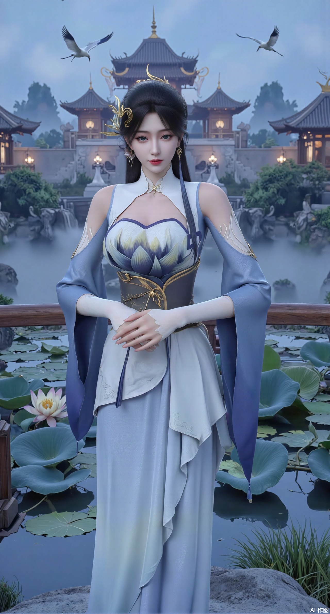 (masterpiece:1.2),best quality,1girl,solo,long hair,long dress,celestial maiden in flowing tulle gown levitates above lotus pond, ethereal mist trails from hair ribbons, mythical Penglai paradise emerges through clouds with glowing pavilions, translucent bioluminescent lotus blooms, flock of cranes gliding over water surface, ultra HD with soft 3D rendering, morning light filters through mist, falling petal rain, intricate details on scale-patterned fabric and lotus veins.(huge breasts:2.99),(full breasts:2.99),,Xanmiaoyi,Xyunwangshu,XlishaoyinY,Xbaixue,XanmiaoyiY,Xxiuqiuhua,XbaiyuerongY,XyunyunX,XqingnvzongZM,Xjuzi,Xshangguanweier,XanmiaoyiXY,XyunyunXY,Xjiangziyue,Xmeining,Xweinina,Xlenhuan,Xbabata,Xhuajin,Xjiangbilan,XbaihehuaiX