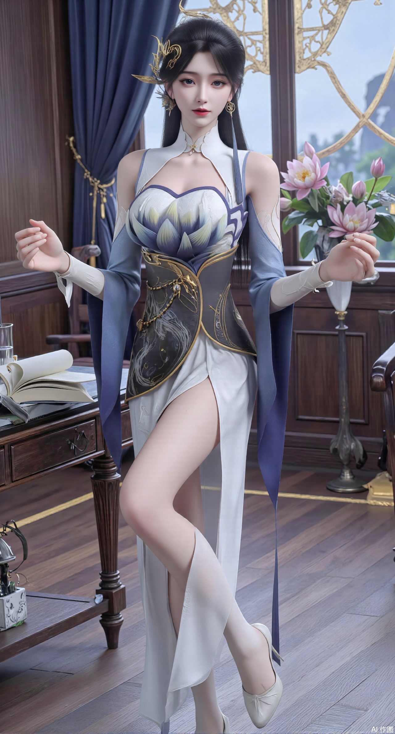  (masterpiece:1.2),best quality,Ultra clear, wallpaper, 8k, masterpiece, 1girl, solo, long hair, breasts, looking at viewer, bangs, large breasts,long dress,, bare shoulders, jewelry, black hair, standing, purple eyes, full body, flower, thighs, indoors, hair bun, long dress, high heels, cup, see-through, book, bare legs, window, table, white footwear, standing on one leg, curtains, pink flower, side slit, vase, ,(huge breasts:2.99),(full breasts:2.99),(pink lotus flowers:1.39),,Xanmiaoyi,Xyunwangshu,XlishaoyinY,Xbaixue,XanmiaoyiY,Xxiuqiuhua,XbaiyuerongY,XyunyunX,XqingnvzongZM,Xjuzi,Xshangguanweier,XanmiaoyiXY,XyunyunXY,Xjiangziyue,Xmeining,Xweinina,Xlenhuan,Xbabata,Xhuajin,Xjiangbilan,XbaihehuaiX