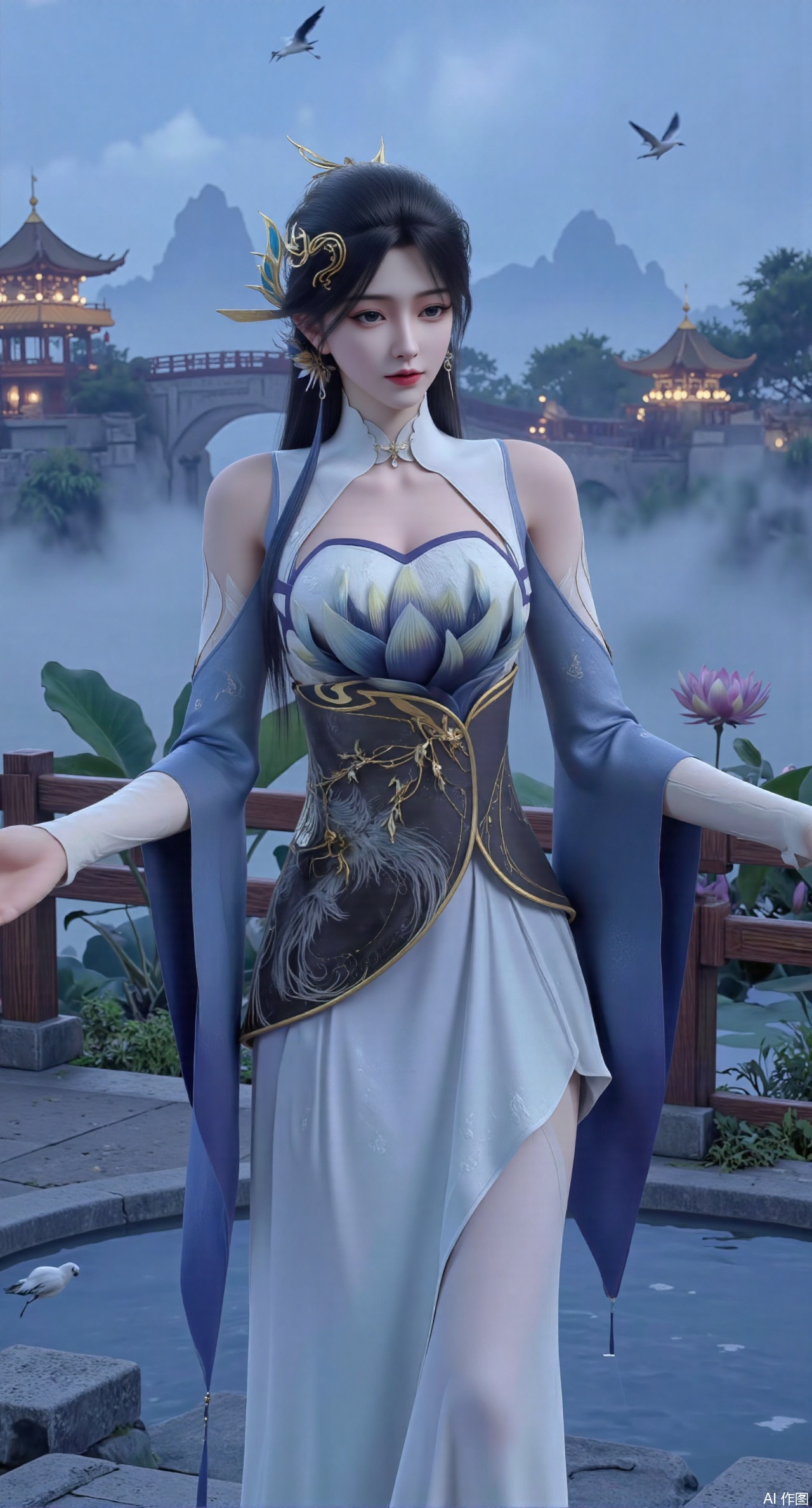 (masterpiece:1.2),best quality,1girl,solo,long hair,long dress,celestial maiden in flowing tulle gown levitates above lotus pond, ethereal mist trails from hair ribbons, mythical Penglai paradise emerges through clouds with glowing pavilions, translucent bioluminescent lotus blooms, flock of cranes gliding over water surface, ultra HD with soft 3D rendering, morning light filters through mist, falling petal rain, intricate details on scale-patterned fabric and lotus veins.(huge breasts:2.99),(full breasts:2.99),,Xanmiaoyi,Xyunwangshu,XlishaoyinY,Xbaixue,XanmiaoyiY,Xxiuqiuhua,XbaiyuerongY,XyunyunX,XqingnvzongZM,Xjuzi,Xshangguanweier,XanmiaoyiXY,XyunyunXY,Xjiangziyue,Xmeining,Xweinina,Xlenhuan,Xbabata,Xhuajin,Xjiangbilan,XbaihehuaiX
