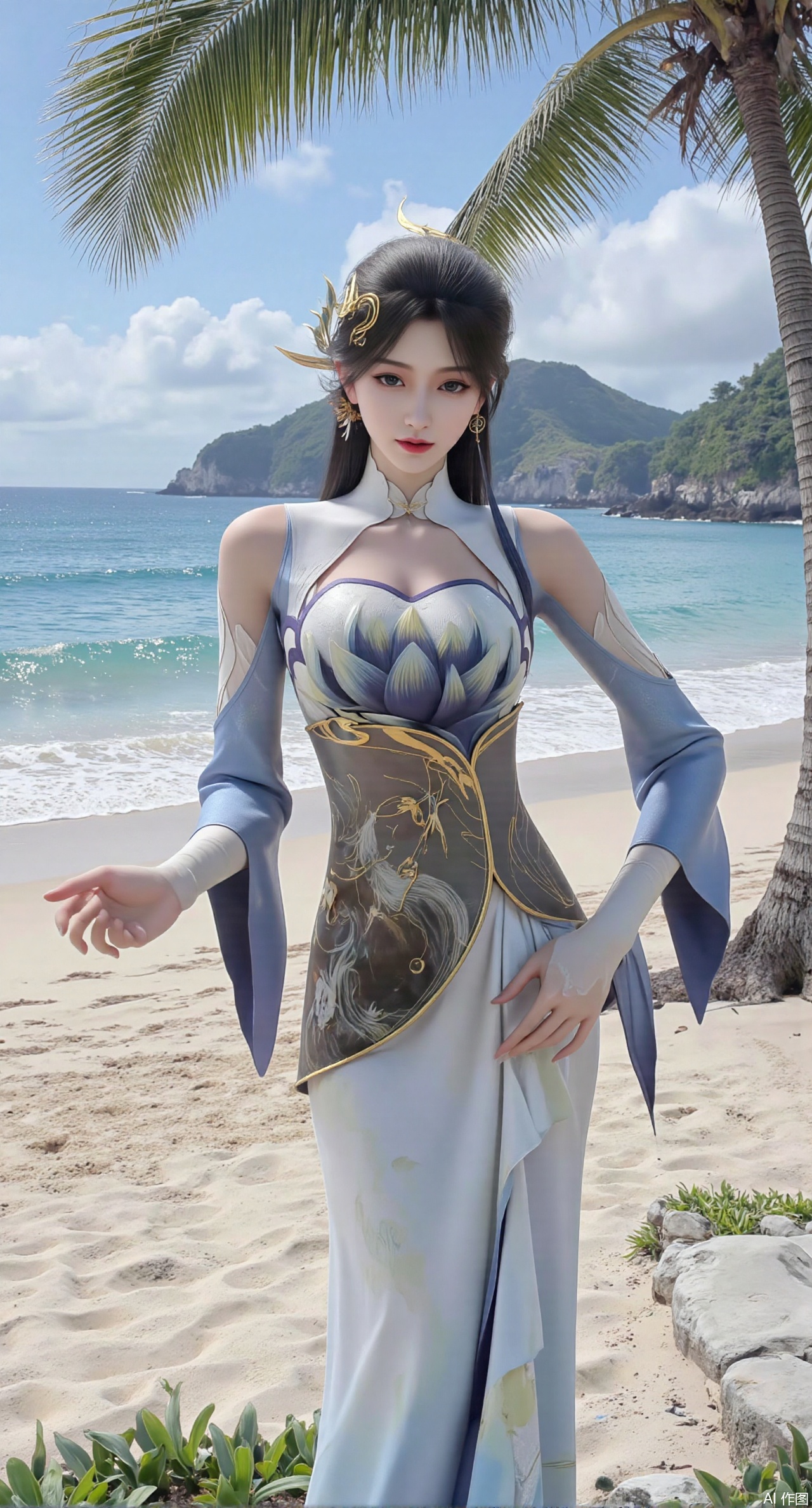 (masterpiece:1.2),best quality,absurdres,masterpiece,original,extremely detailed wallpaper,perfect lighting,Golden sandy beach covered with vibrant flowers, turquoise waves gently lapping the shore, , bright flower clusters spreading from sand to palm tree roots, soft natural light filtering through coconut leaves, ocean breeze lifting hair and qipao hem, high-resolution details showcasing petal textures and silk fabric sheen, ultra-wide angle lens capturing coastline panorama, cinematic color grading with soft focus on the central figure,(huge breasts:2.99),(full breasts:2.99),,,Xanmiaoyi,Xyunwangshu,XlishaoyinY,Xbaixue,XanmiaoyiY,Xxiuqiuhua,XbaiyuerongY,XyunyunX,XqingnvzongZM,Xjuzi,Xshangguanweier,XanmiaoyiXY,XyunyunXY,Xjiangziyue,Xmeining,Xweinina,Xlenhuan,Xbabata,Xhuajin,Xjiangbilan,XbaihehuaiX