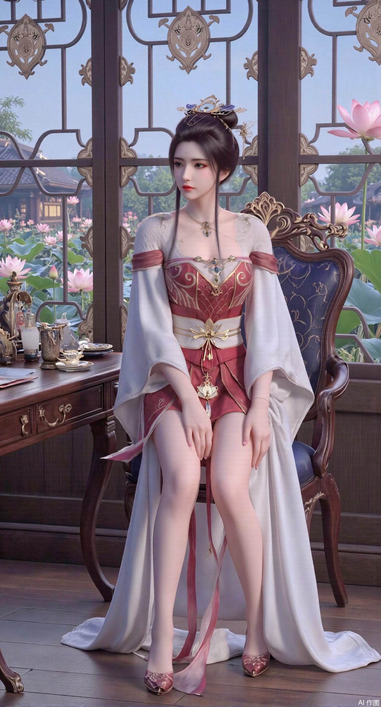 (masterpiece, best quality:1.2),1girl, solo, long dress,Ancient princess's boudoir with bright color palette,,(huge breasts:2.59),(full breasts:2.39), Hanfu-clad maiden sitting by latticed window desk in romantic daydreaming posture, classical Chinese garden through window showcasing lotus pond filled with blooming pink and white lotuses, delicate ink-wash painting style, interior featuring rosewood furniture with mother-of-pearl inlay, silk curtains fluttering in breeze, porcelain stationery set on desk, distant view of curved bridges and pavilions in garden, ultra HD rendering with crisp details on embroidered garments and translucent lotus petals,,(huge breasts:2.99),(full breasts:2.99),,,XyunyunXY,Xmeining,Xjiangziyue,Xweinina,Xyunxiao,Xxiaoqingxue,Xlenhuan,Xhuajin