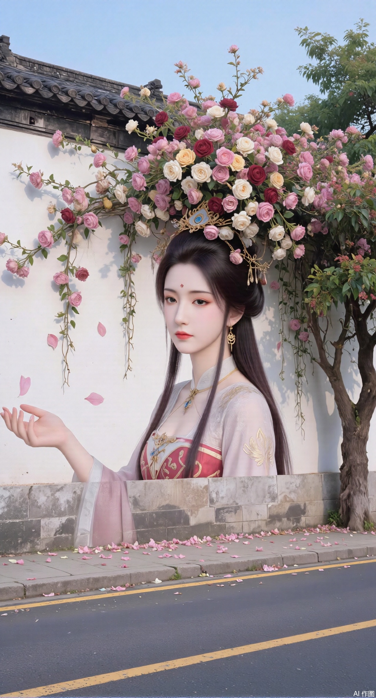 (masterpiece:1.2),best quality,On the front wall,the main body of the wall painting is a portrait of a beautiful woman with long flowing hair.hanfu girl,full body,The hair of the beautiful woman is composed of a large number of luxuriant roses. The flowers are dense and cover the top of the girls head. It seems that I have brought a gorgeous flower hat to the young girl. These flowers cover the whole wall densely. Dense long branches hang down and many petals fall on the ground. The details of the flowers are lifelike,the roots are on one side,the far view is deep,the wide angle is super wide,the real photos,the realistic style,the 32k super clear,and the colors are gorgeous,,XyunyunXY,Xmeining,Xjiangziyue,Xweinina,Xyunxiao,Xxiaoqingxue,Xlenhuan,Xhuajin,Xgufenghuaqiang,XzixiaY