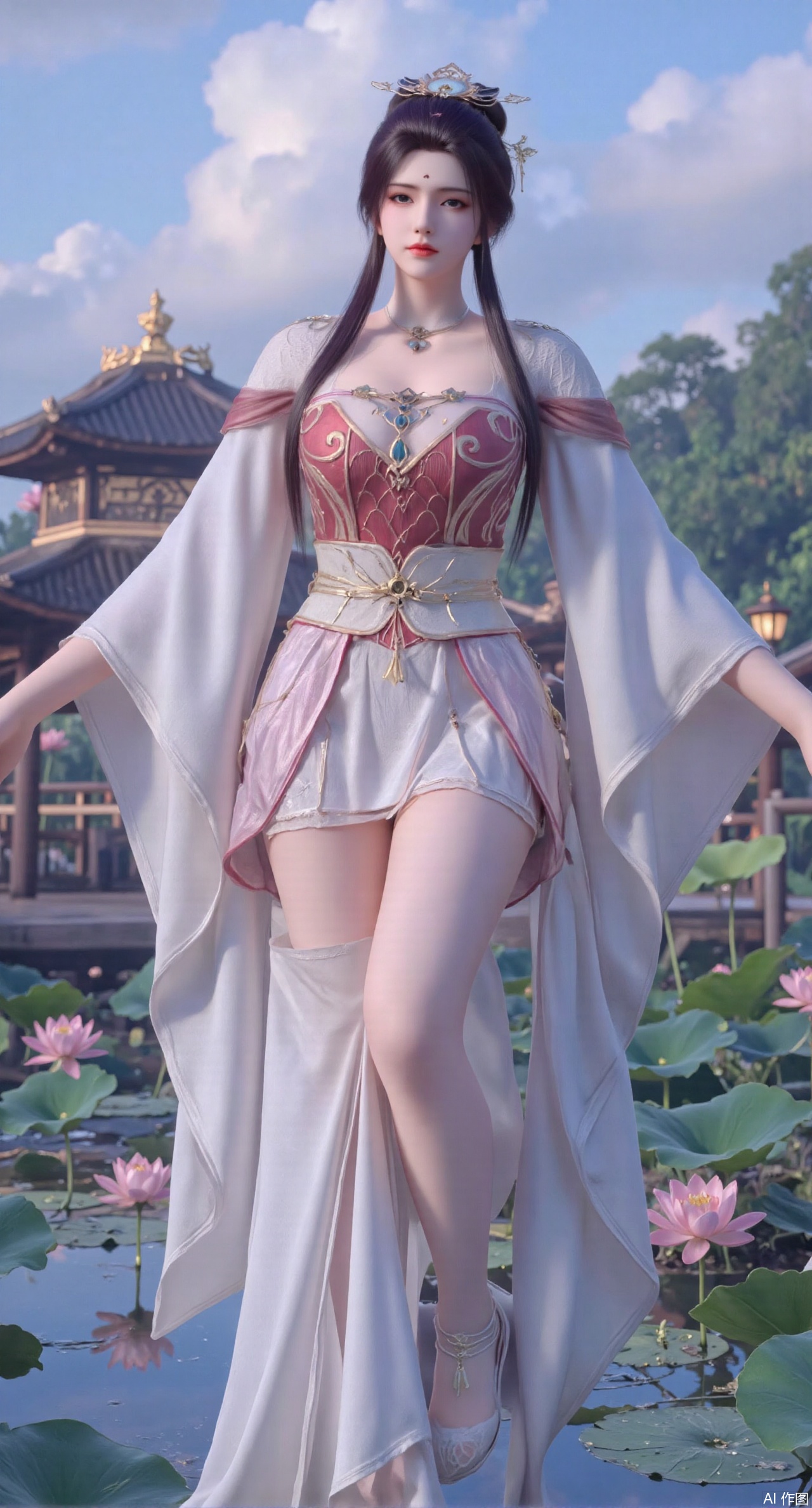 SFW,(masterpiece:1.2),best quality,1girl,solo,long hair,long dress,celestial maiden in flowing tulle gown levitates above lotus pond, ethereal mist trails from hair ribbons, mythical Penglai paradise emerges through clouds with glowing pavilions, translucent bioluminescent lotus blooms, , ultra HD with soft 3D rendering, morning light filters through mist, falling petal rain,.(huge breasts:2.99),(full breasts:2.99),(Background with lotus pond and pink lotus flowers:1.39),XyunyunXY,Xmeining,Xjiangziyue,Xweinina,Xhuajin