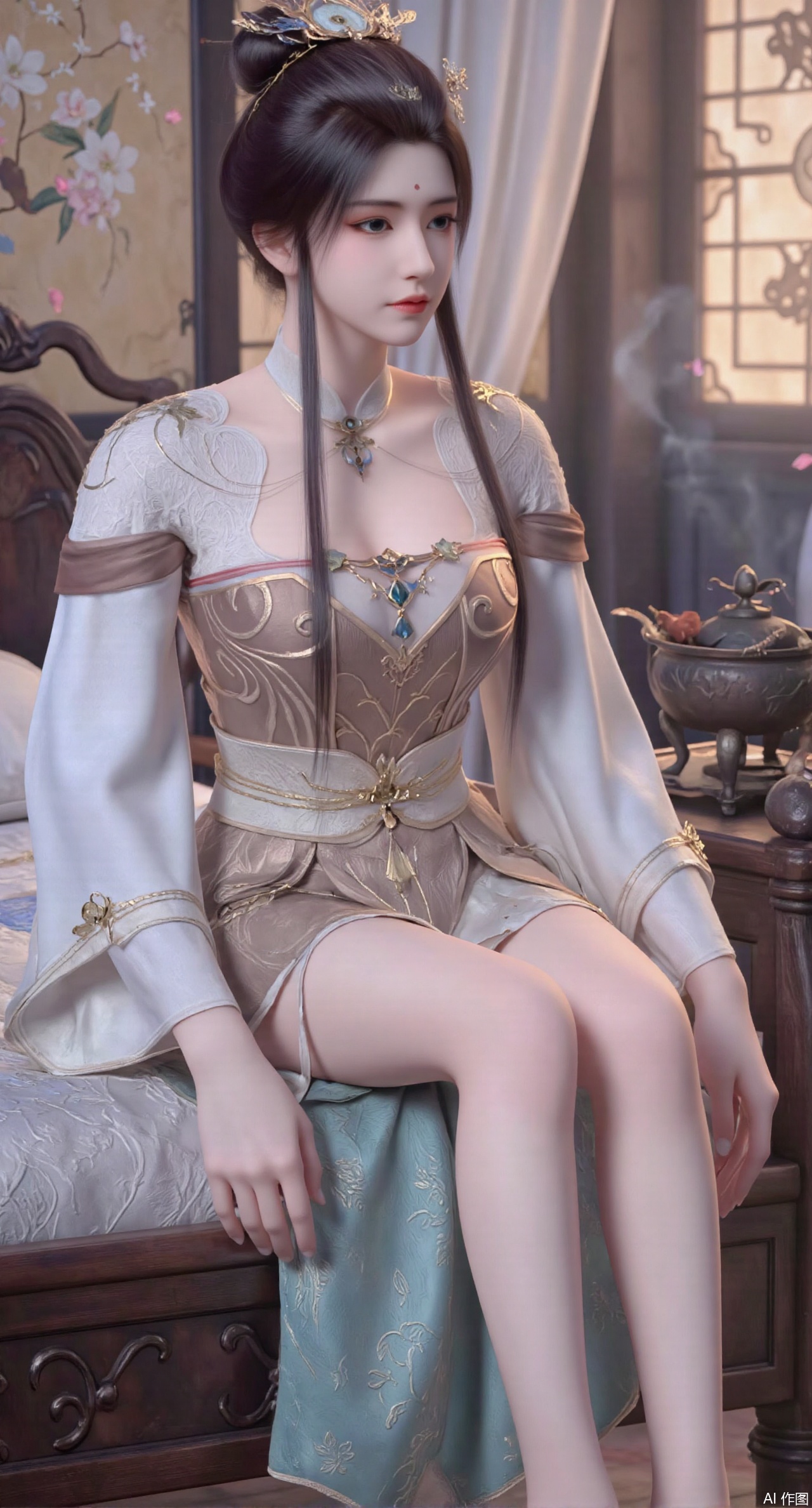 (masterpiece, best quality:1.2),Ancient Chinese boudoir scene, Hanfu dress ,sitting sideways on an intricately carved wooden bed, soft natural light filtering through sheer silk curtains, satin bedding with delicate sheen, detailed traditional Chinese Gongbi painting style, subtle celadon color palette, background featuring vintage dressing table and embroidered screen, falling plum blossom petals near window and wispy smoke from bronze incense burner, 8K resolution with intricate fabric draping and wood grain textures,,(huge breasts:2.99),(full breasts:2.99),,XyunyunXY,Xmeining,Xjiangziyue,Xweinina,Xyunxiao,Xxiaoqingxue,Xlenhuan,Xhuajin