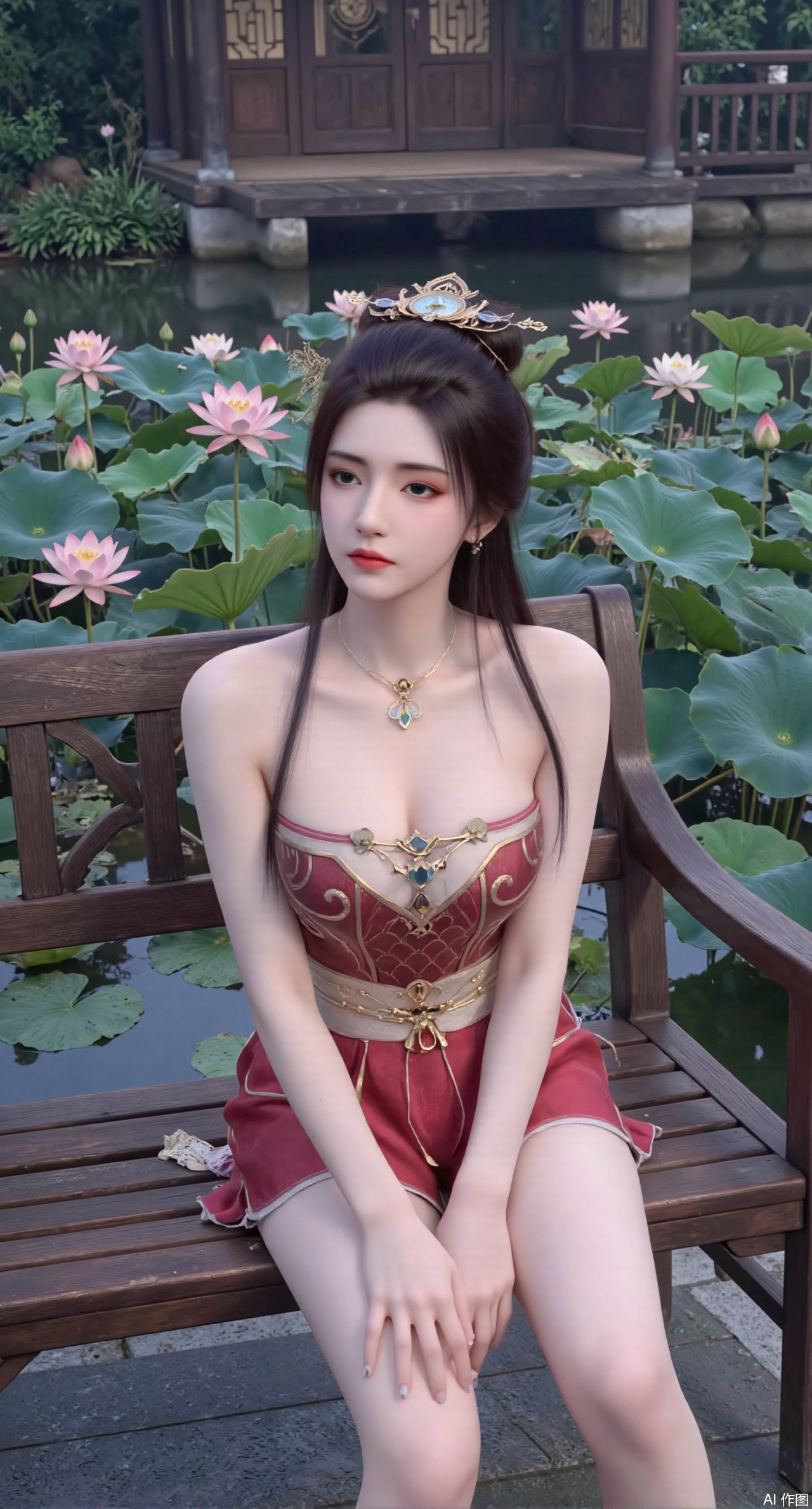 sfw,(masterpiece:1.2),best quality,a young woman sitting on a wooden bench in a pond with lily pads.The woman is posing with one hand on her hip and the other resting on the edge of the bench. The background is filled with pink and white lotus flowers and green leaves. The overall mood of the image is peaceful and serene,(huge breasts:2.99),(full breasts:2.99),(Background with traditional Chinese architecture, lotus pond and pink lotus flowers:1.39),XyunyunXY,Xmeining,Xjiangziyue,Xweinina,Xyunxiao,Xxiaoqingxue,Xlenhuan,Xbabata,Xhewanyuzhiyao,XzixiaY,Xqinyao,Xaichen