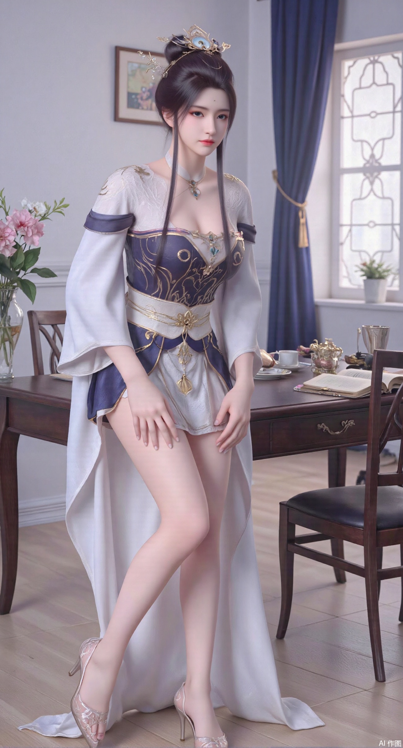 (masterpiece:1.2),Ultra clear, wallpaper, 8k, masterpiece, 1girl, solo, long hair, breasts, looking at viewer, bangs, large breasts,long dress,, bare shoulders, jewelry, black hair, standing, purple eyes, full body, flower, thighs, indoors, hair bun, long dress, high heels, cup, see-through, book, bare legs, window, table, white footwear, standing on one leg, curtains, pink flower, side slit, vase, ,(huge breasts:2.99),(full breasts:2.99)),,XyunyunXY,Xmeining,Xjiangziyue,Xweinina,Xyunxiao,Xxiaoqingxue,Xlenhuan,Xhuajin