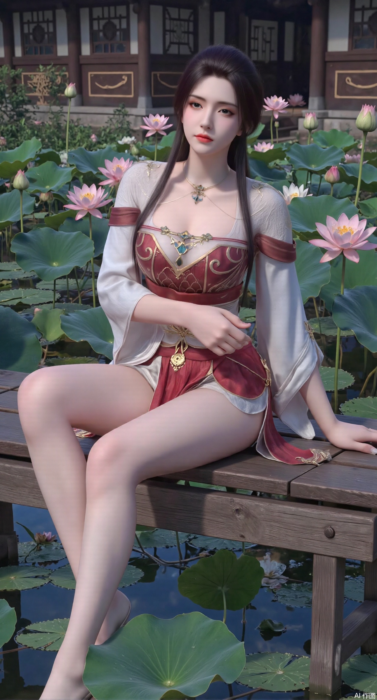 sfw,(masterpiece:1.2),best quality,a young woman sitting on a wooden bench in a pond with lily pads.The woman is posing with one hand on her hip and the other resting on the edge of the bench. The background is filled with pink and white lotus flowers and green leaves. The overall mood of the image is peaceful and serene,(huge breasts:2.99),(full breasts:2.99),(Background with traditional Chinese architecture, lotus pond and pink lotus flowers:1.39),XyunyunXY,Xmeining,Xjiangziyue,Xweinina,Xyunxiao,Xxiaoqingxue,Xlenhuan,Xbabata,Xhewanyuzhiyao,XzixiaY,Xqinyao,Xaichen