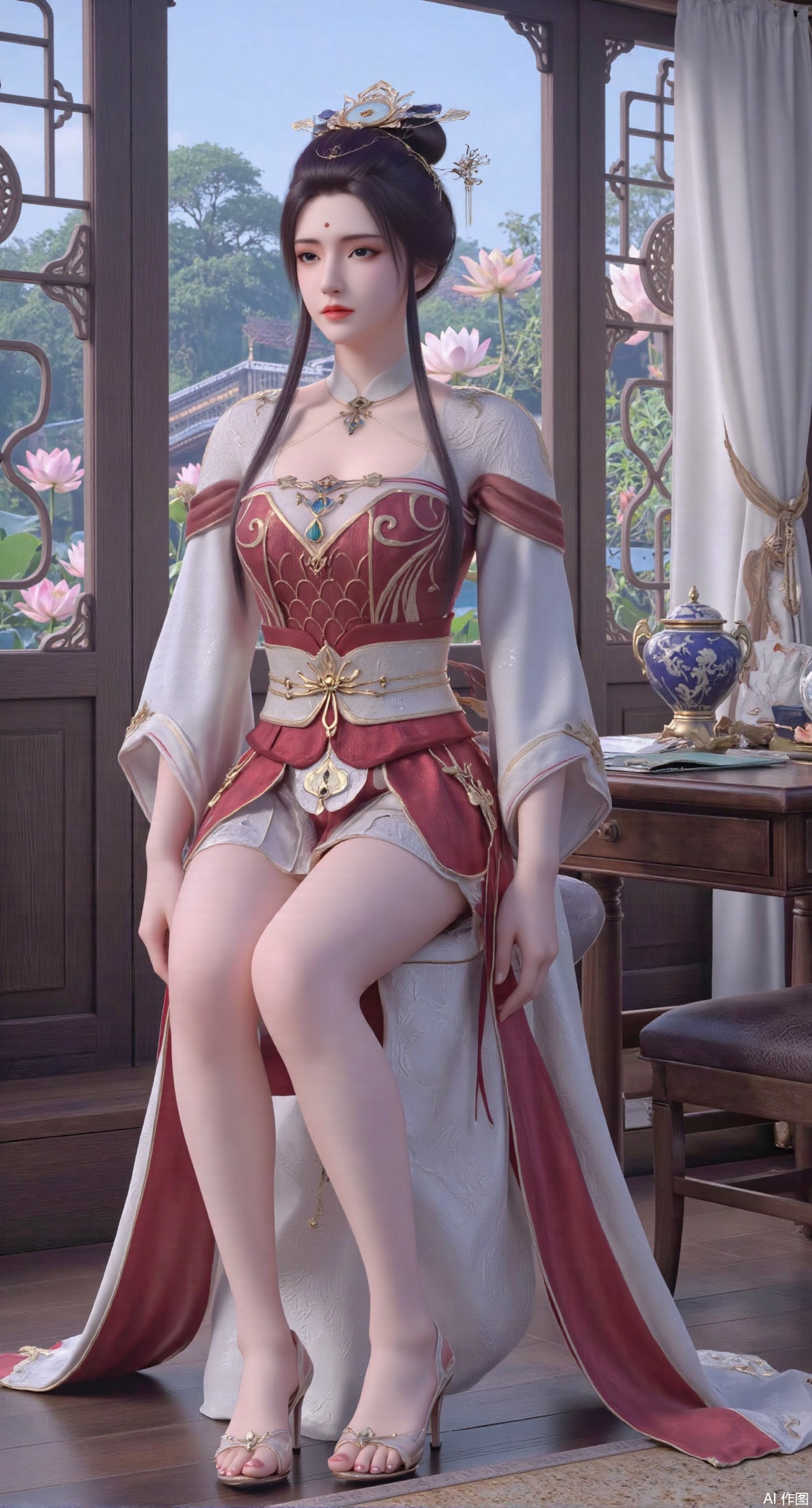 (masterpiece, best quality:1.2),1girl, solo, long dress,Ancient princess's boudoir with bright color palette,,(huge breasts:2.59),(full breasts:2.39), Hanfu-clad maiden sitting by latticed window desk in romantic daydreaming posture, classical Chinese garden through window showcasing lotus pond filled with blooming pink and white lotuses, delicate ink-wash painting style, interior featuring rosewood furniture with mother-of-pearl inlay, silk curtains fluttering in breeze, porcelain stationery set on desk, distant view of curved bridges and pavilions in garden, ultra HD rendering with crisp details on embroidered garments and translucent lotus petals,,(huge breasts:2.99),(full breasts:2.99),,,XyunyunXY,Xmeining,Xjiangziyue,Xweinina,Xyunxiao,Xxiaoqingxue,Xlenhuan,Xhuajin