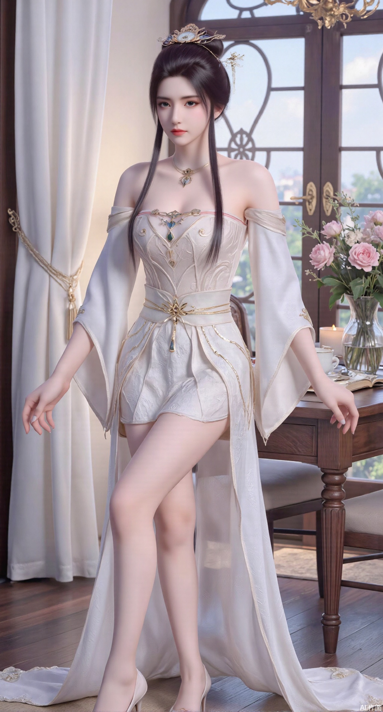 (masterpiece:1.2),Ultra clear, wallpaper, 8k, masterpiece, 1girl, solo, long hair, breasts, looking at viewer, bangs, large breasts,long dress,, bare shoulders, jewelry, black hair, standing, purple eyes, full body, flower, thighs, indoors, hair bun, long dress, high heels, cup, see-through, book, bare legs, window, table, white footwear, standing on one leg, curtains, pink flower, side slit, vase, ,(huge breasts:2.99),(full breasts:2.99)),,XyunyunXY,Xmeining,Xjiangziyue,Xweinina,Xyunxiao,Xxiaoqingxue,Xlenhuan,Xhuajin