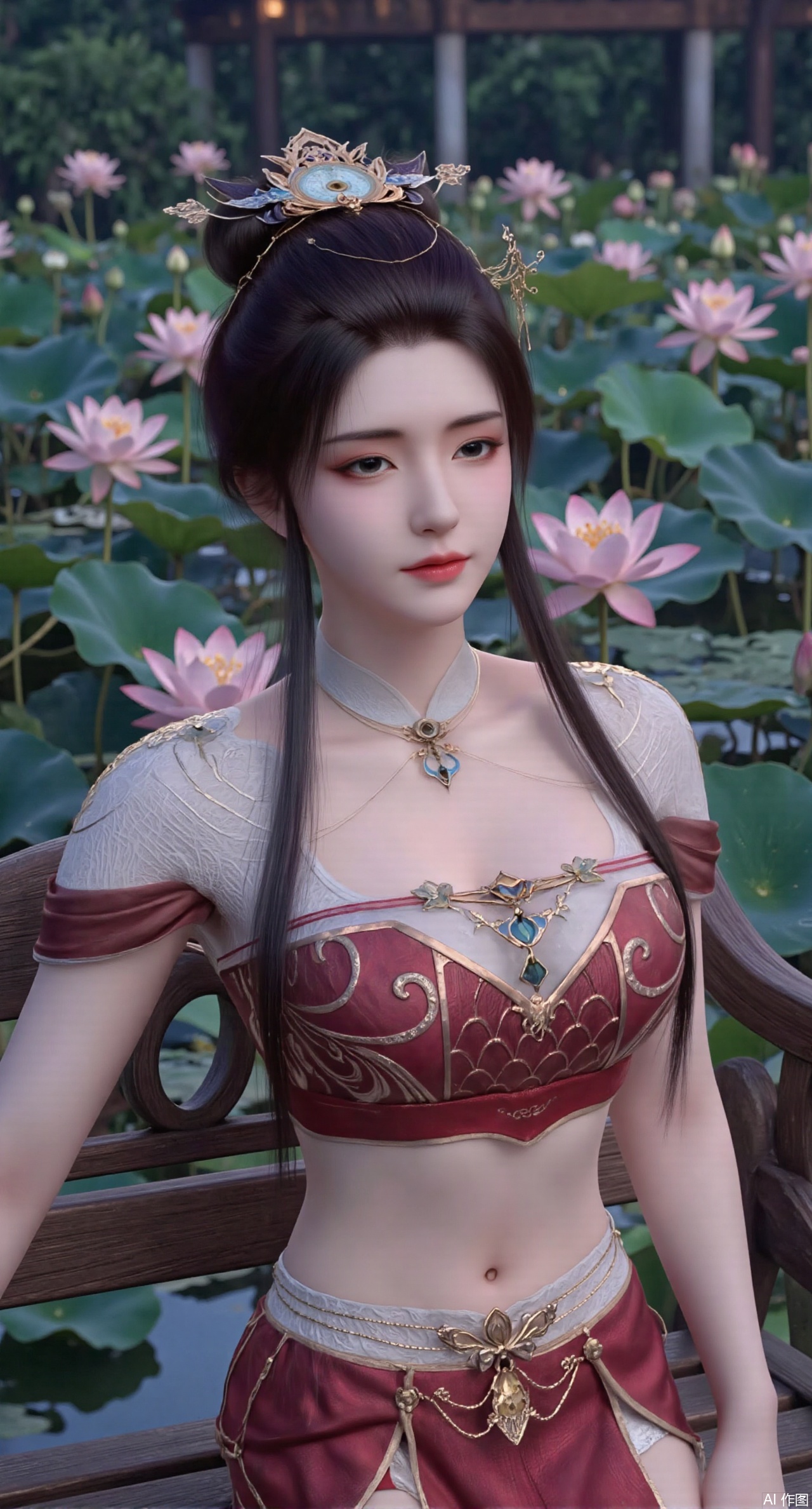 sfw,(masterpiece:1.2),best quality,a young woman sitting on a wooden bench in a pond with lily pads.The woman is posing with one hand on her hip and the other resting on the edge of the bench. The background is filled with pink and white lotus flowers and green leaves. The overall mood of the image is peaceful and serene,(huge breasts:2.99),(full breasts:2.99),(Background with traditional Chinese architecture, lotus pond and pink lotus flowers:1.39),XyunyunXY,Xmeining,Xjiangziyue,Xweinina,Xyunxiao,Xxiaoqingxue,Xlenhuan,Xbabata,Xhewanyuzhiyao,XzixiaY,Xqinyao,Xaichen