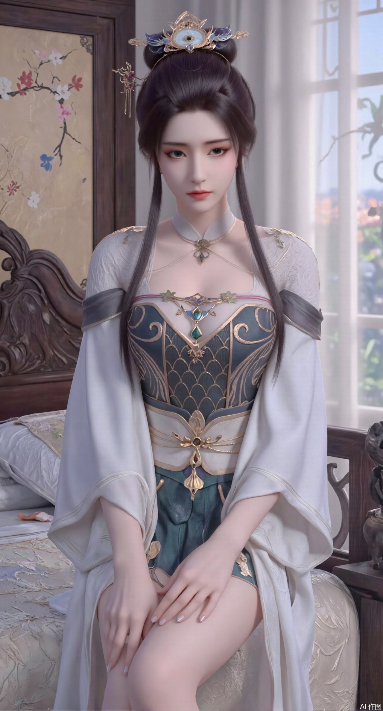 (masterpiece, best quality:1.2),Ancient Chinese boudoir scene, Hanfu dress ,sitting sideways on an intricately carved wooden bed, soft natural light filtering through sheer silk curtains, satin bedding with delicate sheen, detailed traditional Chinese Gongbi painting style, subtle celadon color palette, background featuring vintage dressing table and embroidered screen, falling plum blossom petals near window and wispy smoke from bronze incense burner, 8K resolution with intricate fabric draping and wood grain textures,,(huge breasts:2.99),(full breasts:2.99),,XyunyunXY,Xmeining,Xjiangziyue,Xweinina,Xyunxiao,Xxiaoqingxue,Xlenhuan,Xhuajin