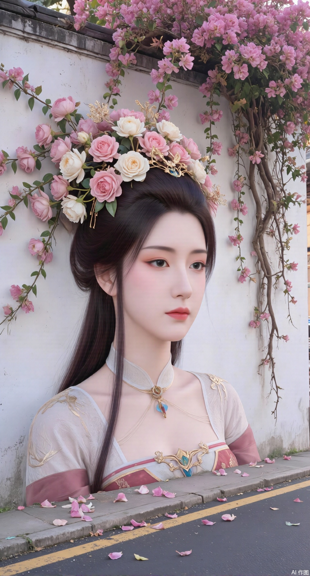 (masterpiece:1.2),best quality,On the front wall,the main body of the wall painting is a portrait of a beautiful woman with long flowing hair.hanfu girl,full body,The hair of the beautiful woman is composed of a large number of luxuriant roses. The flowers are dense and cover the top of the girls head. It seems that I have brought a gorgeous flower hat to the young girl. These flowers cover the whole wall densely. Dense long branches hang down and many petals fall on the ground. The details of the flowers are lifelike,the roots are on one side,the far view is deep,the wide angle is super wide,the real photos,the realistic style,the 32k super clear,and the colors are gorgeous,,XyunyunXY,Xmeining,Xjiangziyue,Xweinina,Xyunxiao,Xxiaoqingxue,Xlenhuan,Xhuajin,Xgufenghuaqiang,XzixiaY