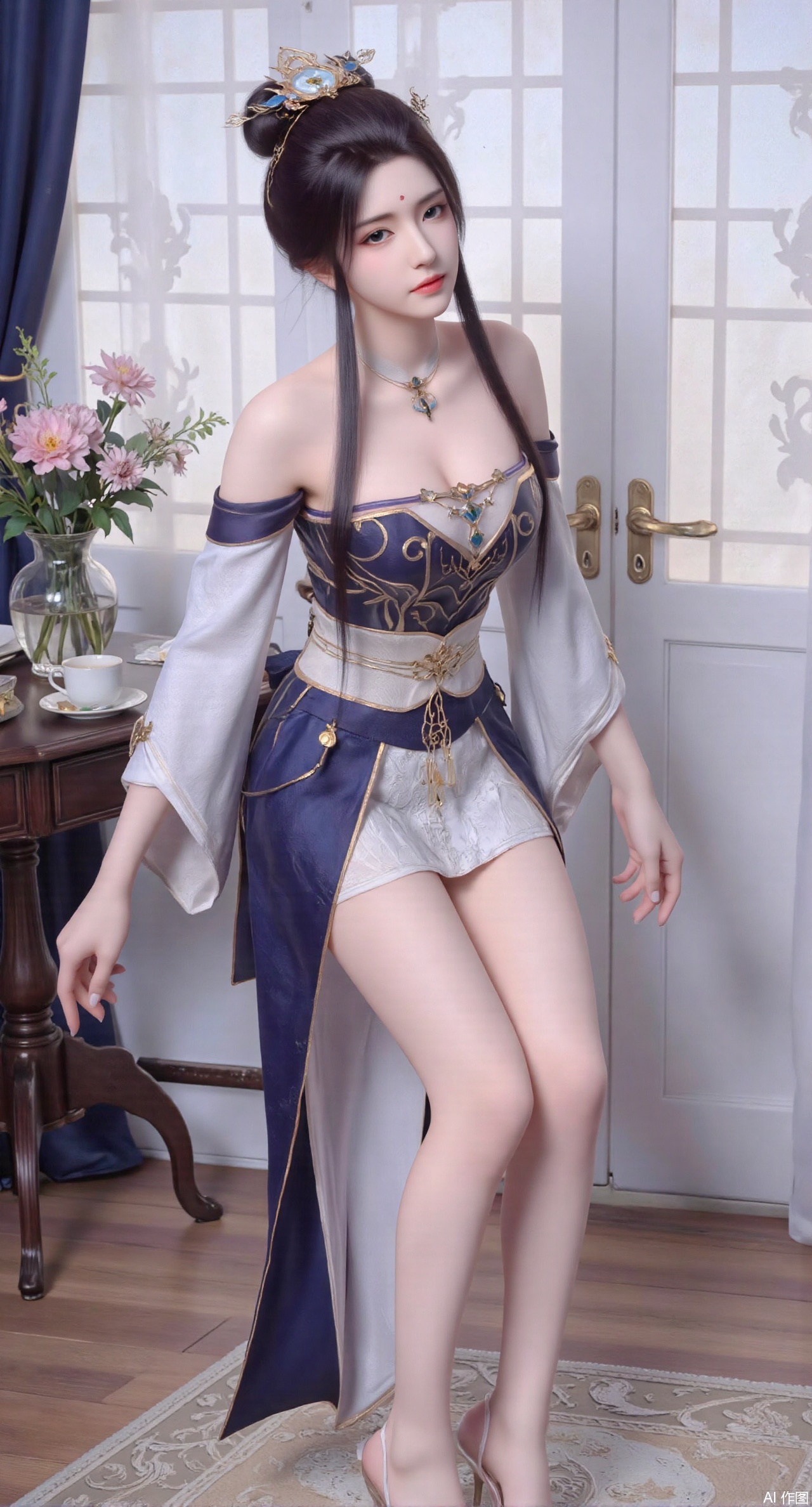 (masterpiece:1.2),Ultra clear, wallpaper, 8k, masterpiece, 1girl, solo, long hair, breasts, looking at viewer, bangs, large breasts,long dress,, bare shoulders, jewelry, black hair, standing, purple eyes, full body, flower, thighs, indoors, hair bun, long dress, high heels, cup, see-through, book, bare legs, window, table, white footwear, standing on one leg, curtains, pink flower, side slit, vase, ,(huge breasts:2.99),(full breasts:2.99)),,XyunyunXY,Xmeining,Xjiangziyue,Xweinina,Xyunxiao,Xxiaoqingxue,Xlenhuan,Xhuajin