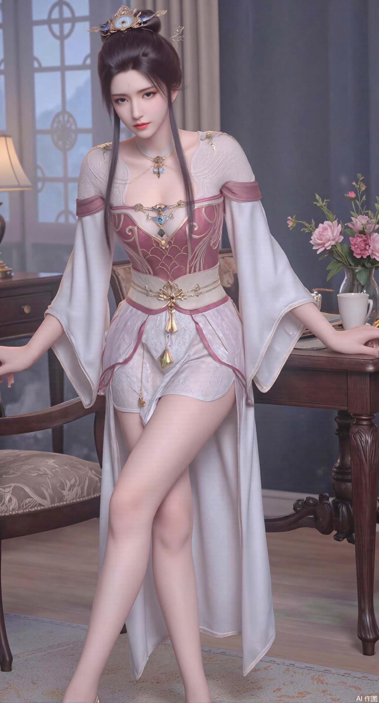 (masterpiece:1.2),Ultra clear, wallpaper, 8k, masterpiece, 1girl, solo, long hair, breasts, looking at viewer, bangs, large breasts,long dress,, bare shoulders, jewelry, black hair, standing, purple eyes, full body, flower, thighs, indoors, hair bun, long dress, high heels, cup, see-through, book, bare legs, window, table, white footwear, standing on one leg, curtains, pink flower, side slit, vase, ,(huge breasts:2.99),(full breasts:2.99),phone screen,XyunyunXY,Xmeining,Xjiangziyue,Xweinina,Xyunxiao,Xxiaoqingxue,Xlenhuan,Xhuajin