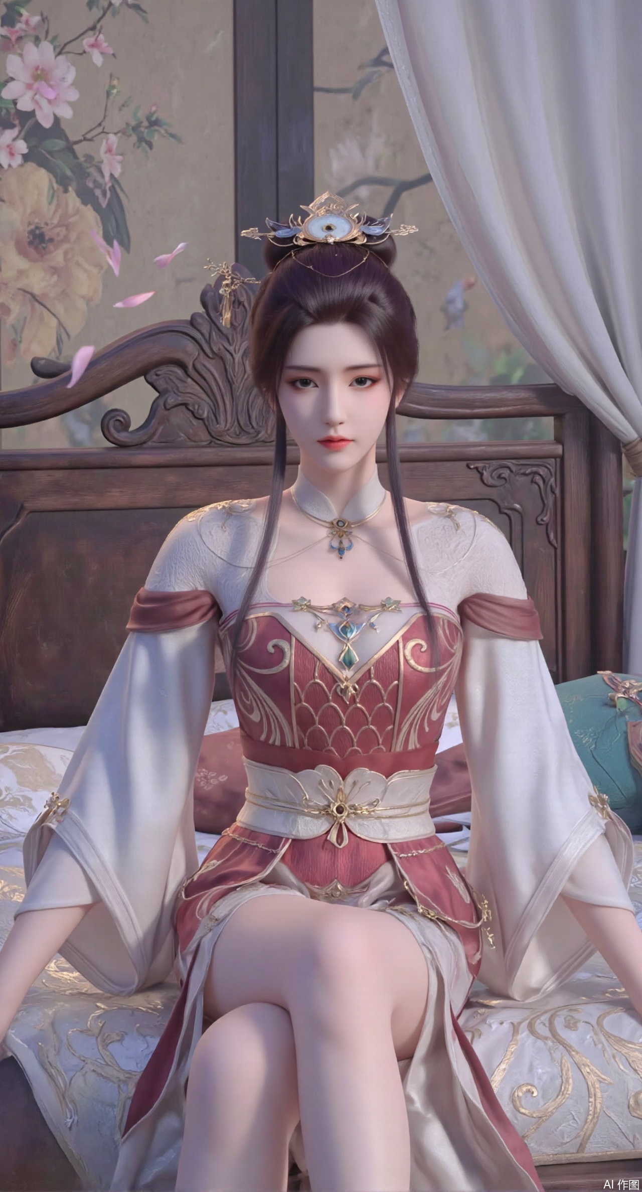 (masterpiece, best quality:1.2),Ancient Chinese boudoir scene, Hanfu dress ,sitting sideways on an intricately carved wooden bed, soft natural light filtering through sheer silk curtains, satin bedding with delicate sheen, detailed traditional Chinese Gongbi painting style, subtle celadon color palette, background featuring vintage dressing table and embroidered screen, falling plum blossom petals near window and wispy smoke from bronze incense burner, 8K resolution with intricate fabric draping and wood grain textures,,(huge breasts:2.99),(full breasts:2.99),,XyunyunXY,Xmeining,Xjiangziyue,Xweinina,Xyunxiao,Xxiaoqingxue,Xlenhuan,Xhuajin