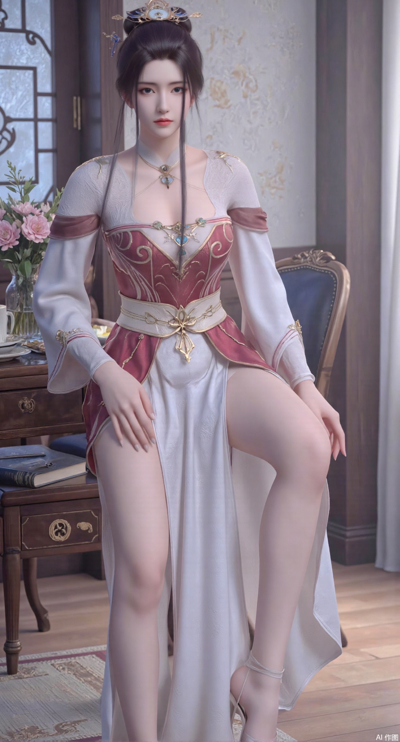 (masterpiece:1.2),Ultra clear, wallpaper, 8k, masterpiece, 1girl, solo, long hair, breasts, looking at viewer, bangs, large breasts,long dress,, bare shoulders, jewelry, black hair, standing, purple eyes, full body, flower, thighs, indoors, hair bun, long dress, high heels, cup, see-through, book, bare legs, window, table, white footwear, standing on one leg, curtains, pink flower, side slit, vase, ,(huge breasts:2.99),(full breasts:2.99)),,XyunyunXY,Xmeining,Xjiangziyue,Xweinina,Xyunxiao,Xxiaoqingxue,Xlenhuan,Xhuajin
