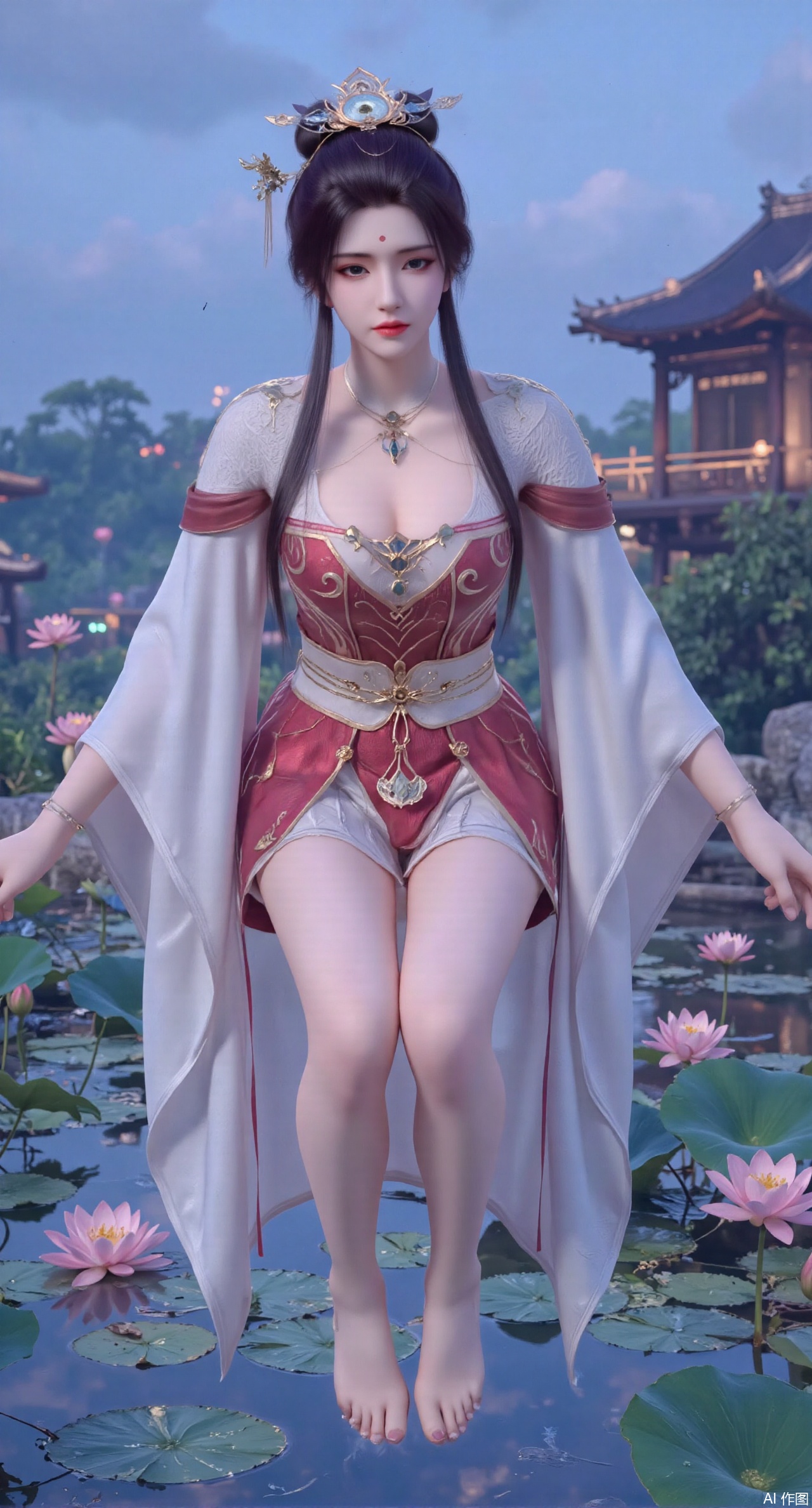 SFW,(masterpiece:1.2),best quality,1girl,solo,long hair,long dress,celestial maiden in flowing tulle gown levitates above lotus pond, ethereal mist trails from hair ribbons, mythical Penglai paradise emerges through clouds with glowing pavilions, translucent bioluminescent lotus blooms, , ultra HD with soft 3D rendering, morning light filters through mist, falling petal rain,.(huge breasts:2.99),(full breasts:2.99),(Background with lotus pond and pink lotus flowers:1.39),XyunyunXY,Xmeining,Xjiangziyue,Xweinina,Xhuajin