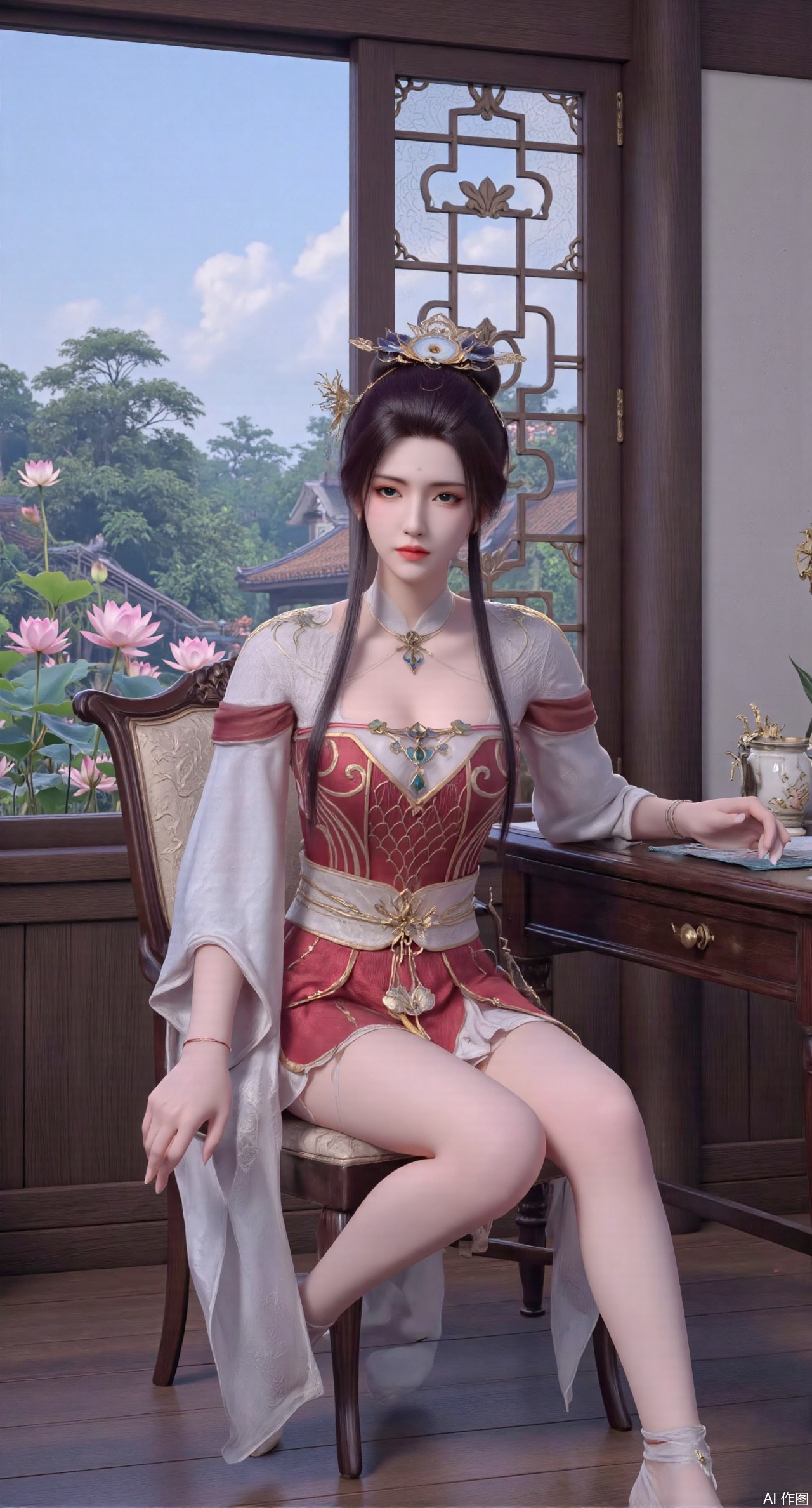 (masterpiece, best quality:1.2),1girl, solo, long dress,Ancient princess's boudoir with bright color palette,,(huge breasts:2.59),(full breasts:2.39), Hanfu-clad maiden sitting by latticed window desk in romantic daydreaming posture, classical Chinese garden through window showcasing lotus pond filled with blooming pink and white lotuses, delicate ink-wash painting style, interior featuring rosewood furniture with mother-of-pearl inlay, silk curtains fluttering in breeze, porcelain stationery set on desk, distant view of curved bridges and pavilions in garden, ultra HD rendering with crisp details on embroidered garments and translucent lotus petals,,(huge breasts:2.99),(full breasts:2.99),,,XyunyunXY,Xmeining,Xjiangziyue,Xweinina,Xyunxiao,Xxiaoqingxue,Xlenhuan,Xhuajin