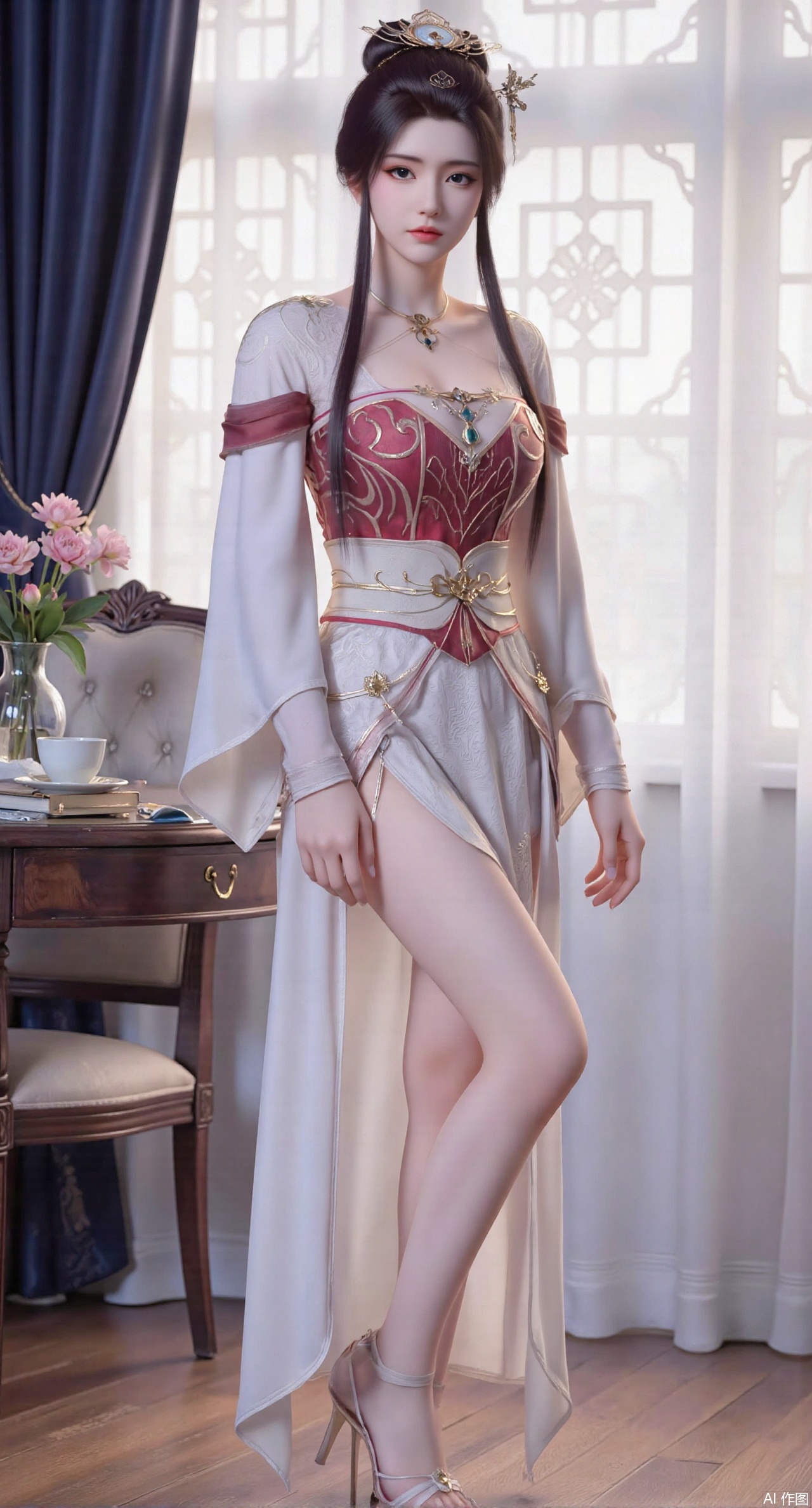 SFW,(masterpiece:1.2),best quality,Ultra clear, wallpaper, 8k, masterpiece, 1girl, solo, long hair, breasts, looking at viewer, bangs, large breasts,long dress,, bare shoulders, jewelry, black hair, standing, purple eyes, full body, flower, thighs, indoors, hair bun, long dress, high heels, cup, see-through, book, bare legs, window, table, white footwear, standing on one leg, curtains, pink flower, side slit, vase,,Xanmiaoyi,Xyunwangshu,XlishaoyinY,Xbaixue,XanmiaoyiY,Xxiuqiuhua,XbaiyuerongY,XyunyunX,XqingnvzongZM,Xjuzi,Xshangguanweier,XanmiaoyiXY,XyunyunXY,Xjiangziyue,Xmeining,Xweinina,Xlenhuan,Xbabata,Xhuajin,Xjiangbilan,XbaihehuaiX