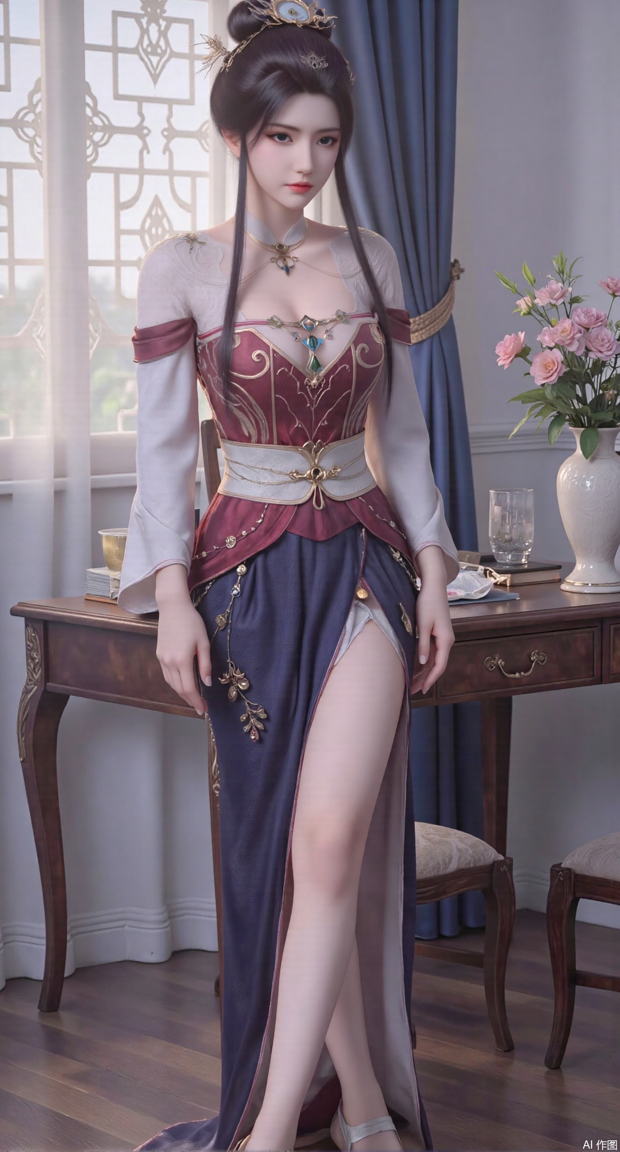 SFW,(masterpiece:1.2),best quality,Ultra clear, wallpaper, 8k, masterpiece, 1girl, solo, long hair, breasts, looking at viewer, bangs, large breasts,long dress,, bare shoulders, jewelry, black hair, standing, purple eyes, full body, flower, thighs, indoors, hair bun, long dress, high heels, cup, see-through, book, bare legs, window, table, white footwear, standing on one leg, curtains, pink flower, side slit, vase,,Xanmiaoyi,Xyunwangshu,XlishaoyinY,Xbaixue,XanmiaoyiY,Xxiuqiuhua,XbaiyuerongY,XyunyunX,XqingnvzongZM,Xjuzi,Xshangguanweier,XanmiaoyiXY,XyunyunXY,Xjiangziyue,Xmeining,Xweinina,Xlenhuan,Xbabata,Xhuajin,Xjiangbilan,XbaihehuaiX