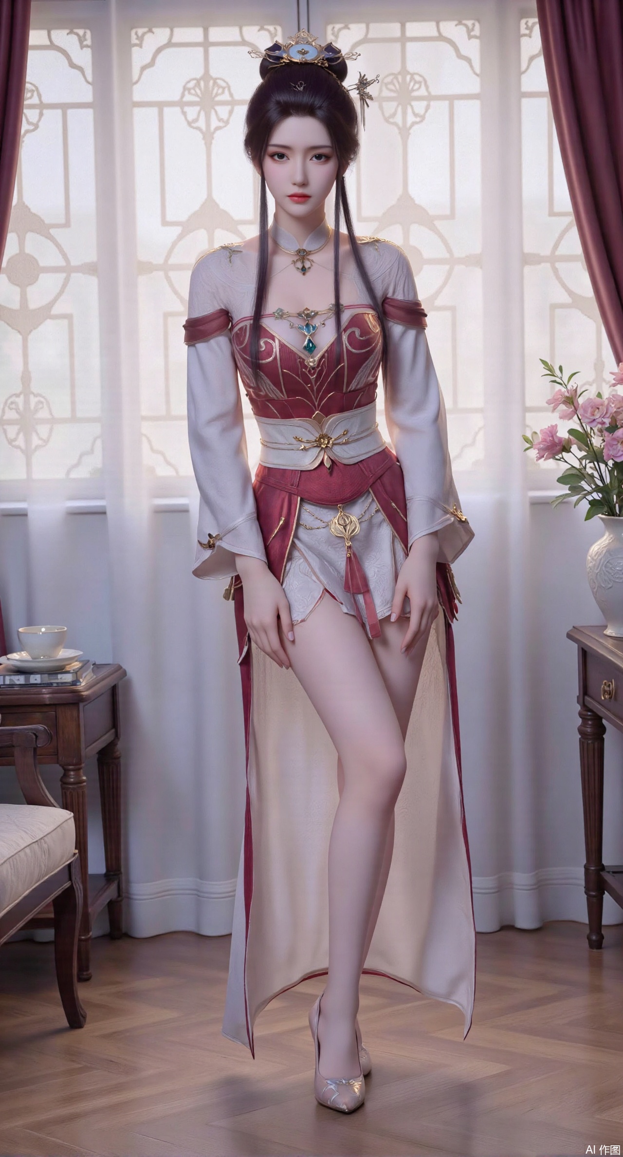 SFW,(masterpiece:1.2),best quality,Ultra clear, wallpaper, 8k, masterpiece, 1girl, solo, long hair, breasts, looking at viewer, bangs, large breasts,long dress,, bare shoulders, jewelry, black hair, standing, purple eyes, full body, flower, thighs, indoors, hair bun, long dress, high heels, cup, see-through, book, bare legs, window, table, white footwear, standing on one leg, curtains, pink flower, side slit, vase,,Xanmiaoyi,Xyunwangshu,XlishaoyinY,Xbaixue,XanmiaoyiY,Xxiuqiuhua,XbaiyuerongY,XyunyunX,XqingnvzongZM,Xjuzi,Xshangguanweier,XanmiaoyiXY,XyunyunXY,Xjiangziyue,Xmeining,Xweinina,Xlenhuan,Xbabata,Xhuajin,Xjiangbilan,XbaihehuaiX