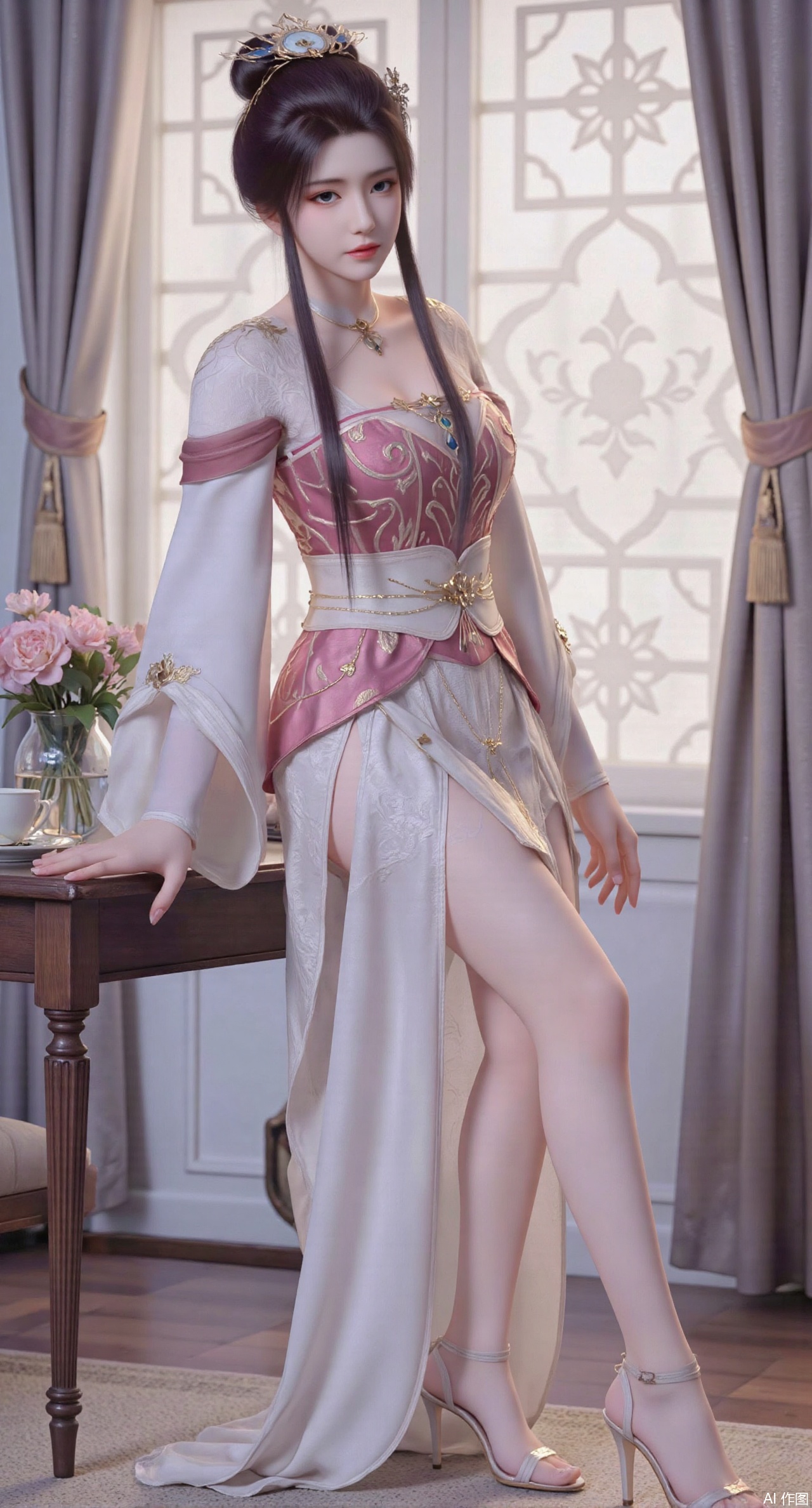 SFW,(masterpiece:1.2),best quality,Ultra clear, wallpaper, 8k, masterpiece, 1girl, solo, long hair, breasts, looking at viewer, bangs, large breasts,long dress,, bare shoulders, jewelry, black hair, standing, purple eyes, full body, flower, thighs, indoors, hair bun, long dress, high heels, cup, see-through, book, bare legs, window, table, white footwear, standing on one leg, curtains, pink flower, side slit, vase,,Xanmiaoyi,Xyunwangshu,XlishaoyinY,Xbaixue,XanmiaoyiY,Xxiuqiuhua,XbaiyuerongY,XyunyunX,XqingnvzongZM,Xjuzi,Xshangguanweier,XanmiaoyiXY,XyunyunXY,Xjiangziyue,Xmeining,Xweinina,Xlenhuan,Xbabata,Xhuajin,Xjiangbilan,XbaihehuaiX