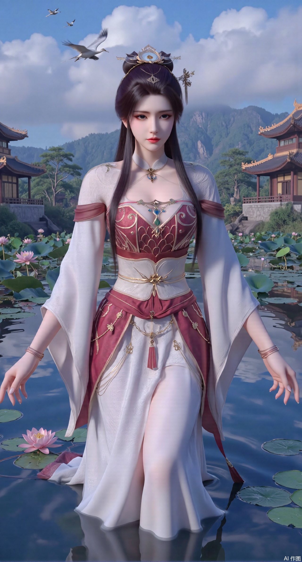 (masterpiece:1.2),best quality,1girl,solo,long hair,long dress,celestial maiden in flowing tulle gown levitates above lotus pond, ethereal mist trails from hair ribbons, mythical Penglai paradise emerges through clouds with glowing pavilions, translucent bioluminescent lotus blooms, flock of cranes gliding over water surface, ultra HD with soft 3D rendering, morning light filters through mist, falling petal rain, intricate details on scale-patterned fabric and lotus veins.(huge breasts:2.99),(full breasts:2.99),,Xanmiaoyi,Xyunwangshu,XlishaoyinY,Xbaixue,XanmiaoyiY,Xxiuqiuhua,XbaiyuerongY,XyunyunX,XqingnvzongZM,Xjuzi,Xshangguanweier,XanmiaoyiXY,XyunyunXY,Xjiangziyue,Xmeining,Xweinina,Xlenhuan,Xbabata,Xhuajin,Xjiangbilan,XbaihehuaiX