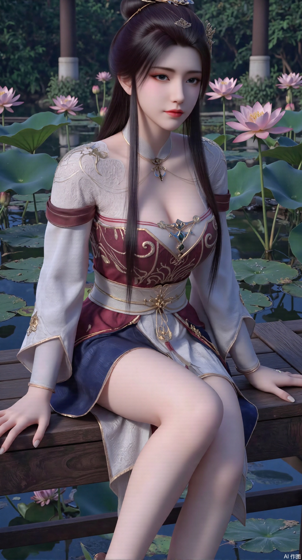 (masterpiece:1.2),best quality,The image is a digital illustration of a young woman sitting on a wooden bench in a pond with lily pads. She is wearing a long dress with design on the chest and sleeves. The dress has a high neckline and short sleeves,Holding a lotus in hand. She has long dark hair styled in loose waves and is wearing gold high heels. The woman is posing with one hand on her hip and the other resting on the edge of the bench. The background is filled with pink and white lotus flowers and green leaves. The overall mood of the image is peaceful and serene,(huge breasts:2.99),(full breasts:2.99),(Background with traditional Chinese architecture, lotus pond and pink lotus flowers:1.39),,Xanmiaoyi,Xyunwangshu,XlishaoyinY,Xbaixue,XanmiaoyiY,Xxiuqiuhua,XbaiyuerongY,XyunyunX,XqingnvzongZM,Xjuzi,Xshangguanweier,XanmiaoyiXY,XyunyunXY,Xjiangziyue,Xmeining,Xweinina,Xlenhuan,Xbabata,Xhuajin,Xjiangbilan,XbaihehuaiX