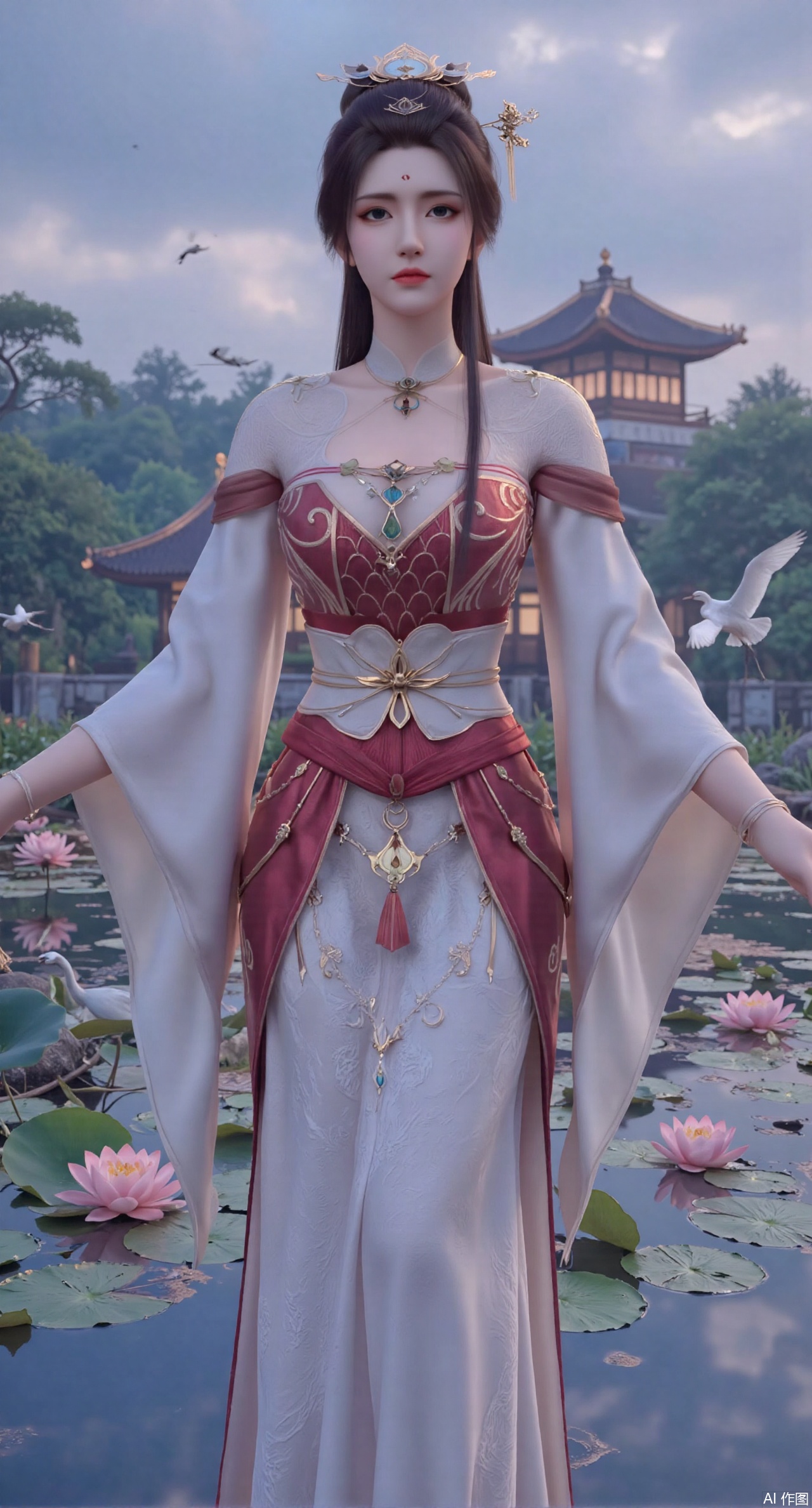 (masterpiece:1.2),best quality,1girl,solo,long hair,long dress,celestial maiden in flowing tulle gown levitates above lotus pond, ethereal mist trails from hair ribbons, mythical Penglai paradise emerges through clouds with glowing pavilions, translucent bioluminescent lotus blooms, flock of cranes gliding over water surface, ultra HD with soft 3D rendering, morning light filters through mist, falling petal rain, intricate details on scale-patterned fabric and lotus veins.(huge breasts:2.99),(full breasts:2.99),,Xanmiaoyi,Xyunwangshu,XlishaoyinY,Xbaixue,XanmiaoyiY,Xxiuqiuhua,XbaiyuerongY,XyunyunX,XqingnvzongZM,Xjuzi,Xshangguanweier,XanmiaoyiXY,XyunyunXY,Xjiangziyue,Xmeining,Xweinina,Xlenhuan,Xbabata,Xhuajin,Xjiangbilan,XbaihehuaiX