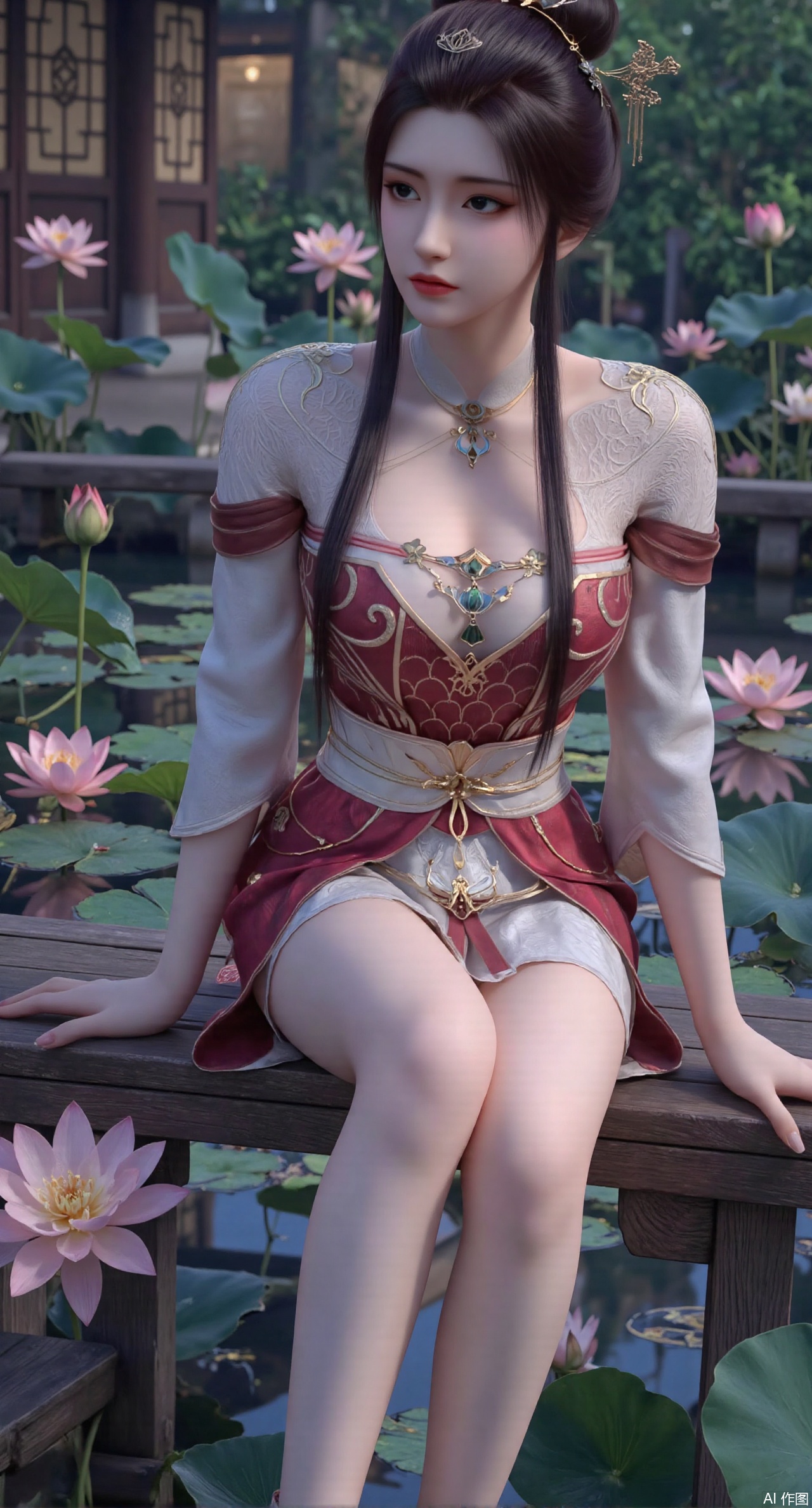 (masterpiece:1.2),best quality,The image is a digital illustration of a young woman sitting on a wooden bench in a pond with lily pads. She is wearing a long dress with design on the chest and sleeves. The dress has a high neckline and short sleeves,Holding a lotus in hand. She has long dark hair styled in loose waves and is wearing gold high heels. The woman is posing with one hand on her hip and the other resting on the edge of the bench. The background is filled with pink and white lotus flowers and green leaves. The overall mood of the image is peaceful and serene,(huge breasts:2.99),(full breasts:2.99),(Background with traditional Chinese architecture, lotus pond and pink lotus flowers:1.39),,Xanmiaoyi,Xyunwangshu,XlishaoyinY,Xbaixue,XanmiaoyiY,Xxiuqiuhua,XbaiyuerongY,XyunyunX,XqingnvzongZM,Xjuzi,Xshangguanweier,XanmiaoyiXY,XyunyunXY,Xjiangziyue,Xmeining,Xweinina,Xlenhuan,Xbabata,Xhuajin,Xjiangbilan,XbaihehuaiX