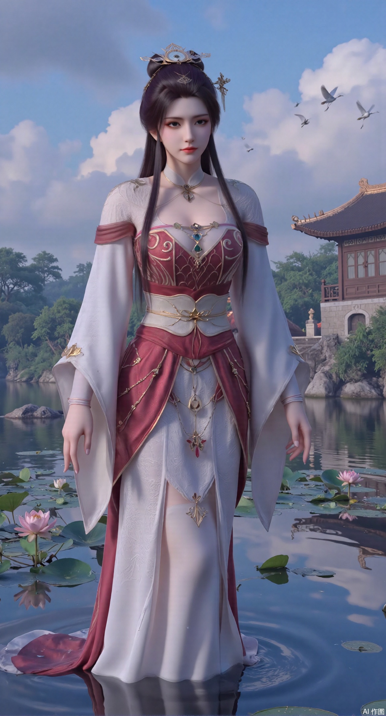 (masterpiece:1.2),best quality,1girl,solo,long hair,long dress,celestial maiden in flowing tulle gown levitates above lotus pond, ethereal mist trails from hair ribbons, mythical Penglai paradise emerges through clouds with glowing pavilions, translucent bioluminescent lotus blooms, flock of cranes gliding over water surface, ultra HD with soft 3D rendering, morning light filters through mist, falling petal rain, intricate details on scale-patterned fabric and lotus veins.(huge breasts:2.99),(full breasts:2.99),,Xanmiaoyi,Xyunwangshu,XlishaoyinY,Xbaixue,XanmiaoyiY,Xxiuqiuhua,XbaiyuerongY,XyunyunX,XqingnvzongZM,Xjuzi,Xshangguanweier,XanmiaoyiXY,XyunyunXY,Xjiangziyue,Xmeining,Xweinina,Xlenhuan,Xbabata,Xhuajin,Xjiangbilan,XbaihehuaiX