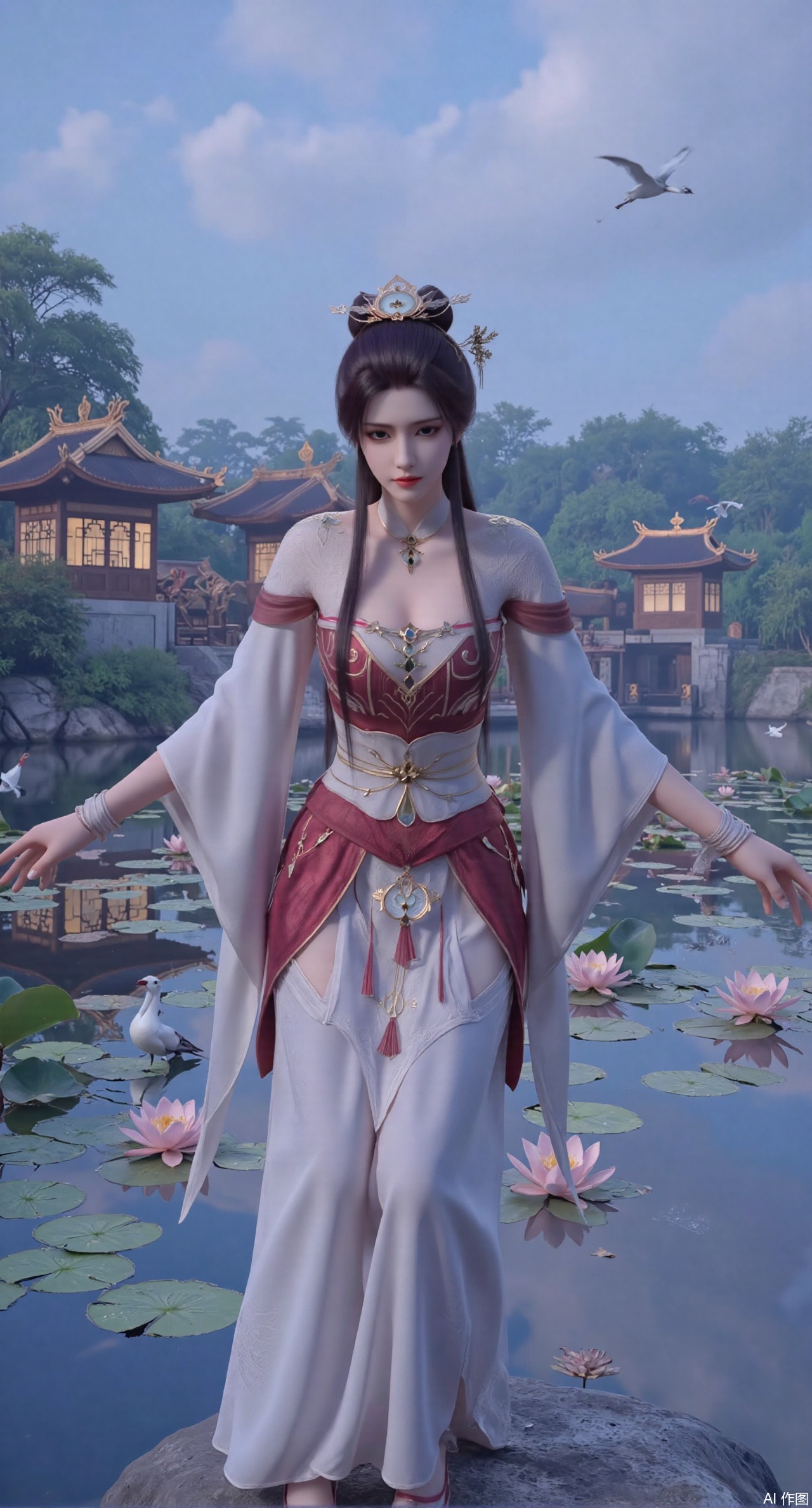 (masterpiece:1.2),best quality,1girl,solo,long hair,long dress,celestial maiden in flowing tulle gown levitates above lotus pond, ethereal mist trails from hair ribbons, mythical Penglai paradise emerges through clouds with glowing pavilions, translucent bioluminescent lotus blooms, flock of cranes gliding over water surface, ultra HD with soft 3D rendering, morning light filters through mist, falling petal rain, intricate details on scale-patterned fabric and lotus veins.(huge breasts:2.99),(full breasts:2.99),,Xanmiaoyi,Xyunwangshu,XlishaoyinY,Xbaixue,XanmiaoyiY,Xxiuqiuhua,XbaiyuerongY,XyunyunX,XqingnvzongZM,Xjuzi,Xshangguanweier,XanmiaoyiXY,XyunyunXY,Xjiangziyue,Xmeining,Xweinina,Xlenhuan,Xbabata,Xhuajin,Xjiangbilan,XbaihehuaiX