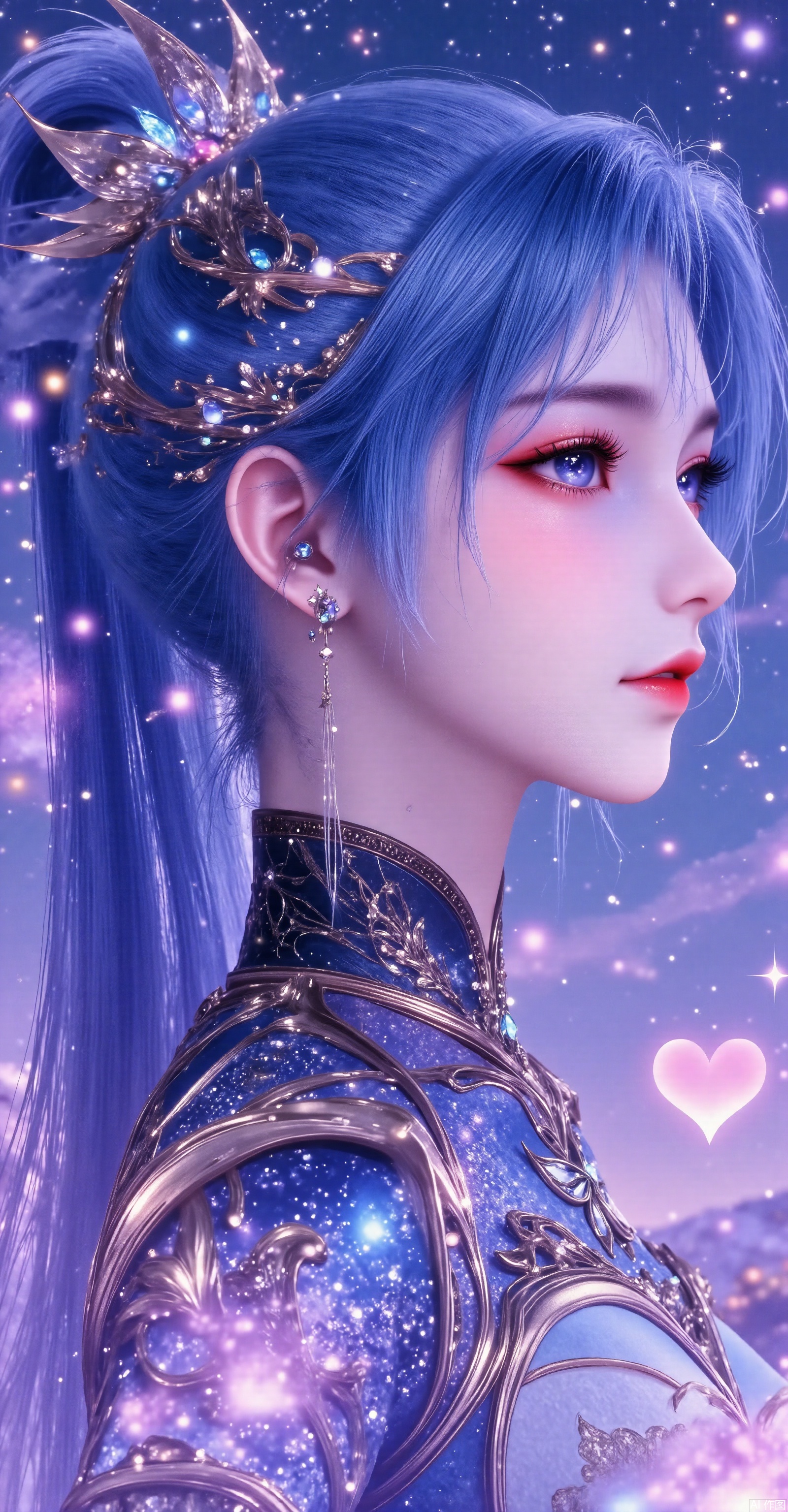 191 flat paint. The picture prompt depicts a woman in brightly colored animation style with a delicate background and long old-fashioned hair. She wore exquisite hair accessories, including a small crown. Using the double exposure effect, you can see the beautiful galaxy, bright moon, starry sky and stars through her outline. In addition, a glowing heart is depicted in the sky, with characters and backgrounds blending together to present a dreamy beauty. The overall style combines realistic, 3D rendering, magical realist painting art styles, surrealistic composition, bright colors, blurring the boundary between reality and fantasy.
