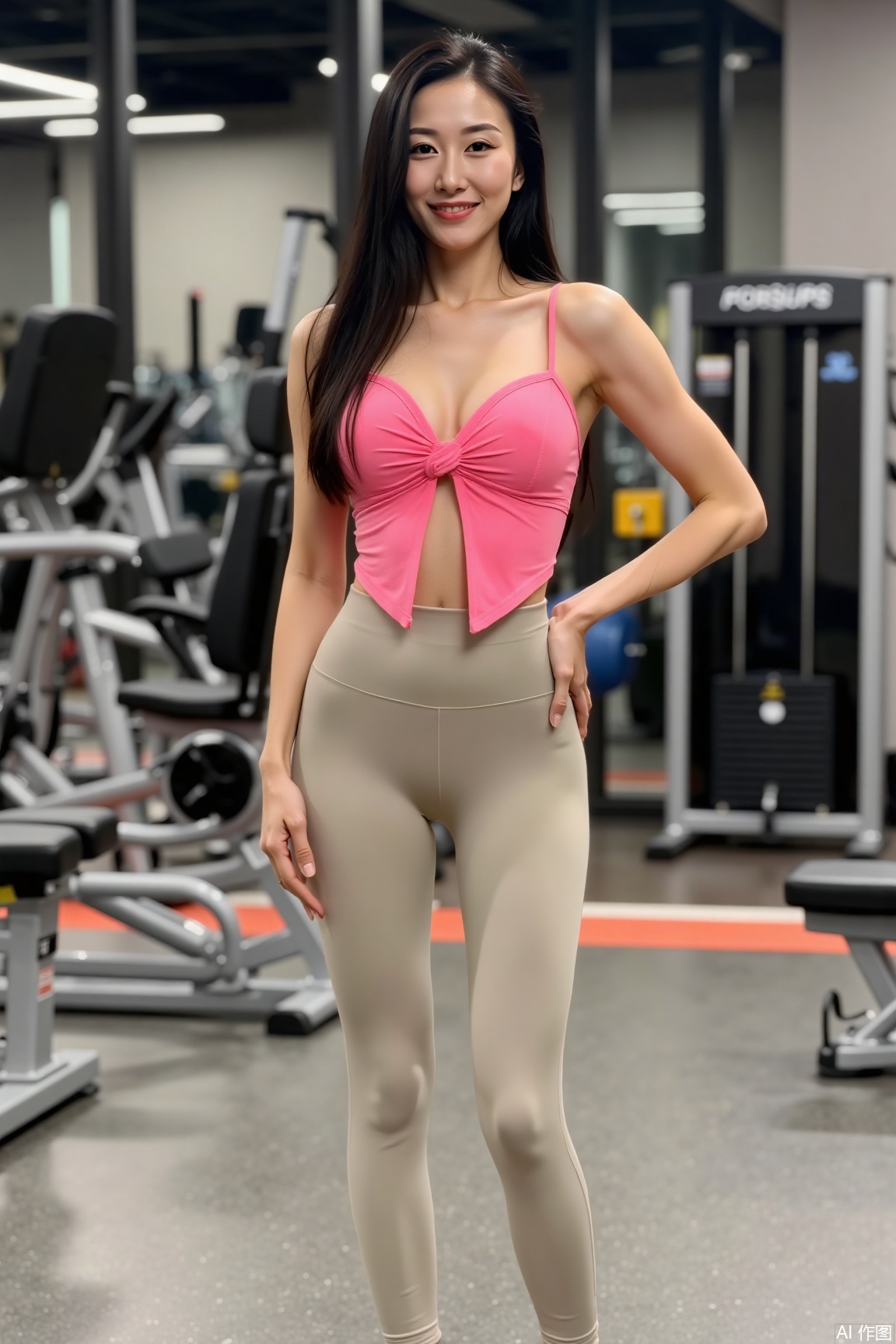A woman is dressed in a pink yoga sports spaghetti - strap bra and khaki leggings. She puts her left hand on her waist, posing confidently. The background is the interior of a gym with fitness equipment...plns,yoga